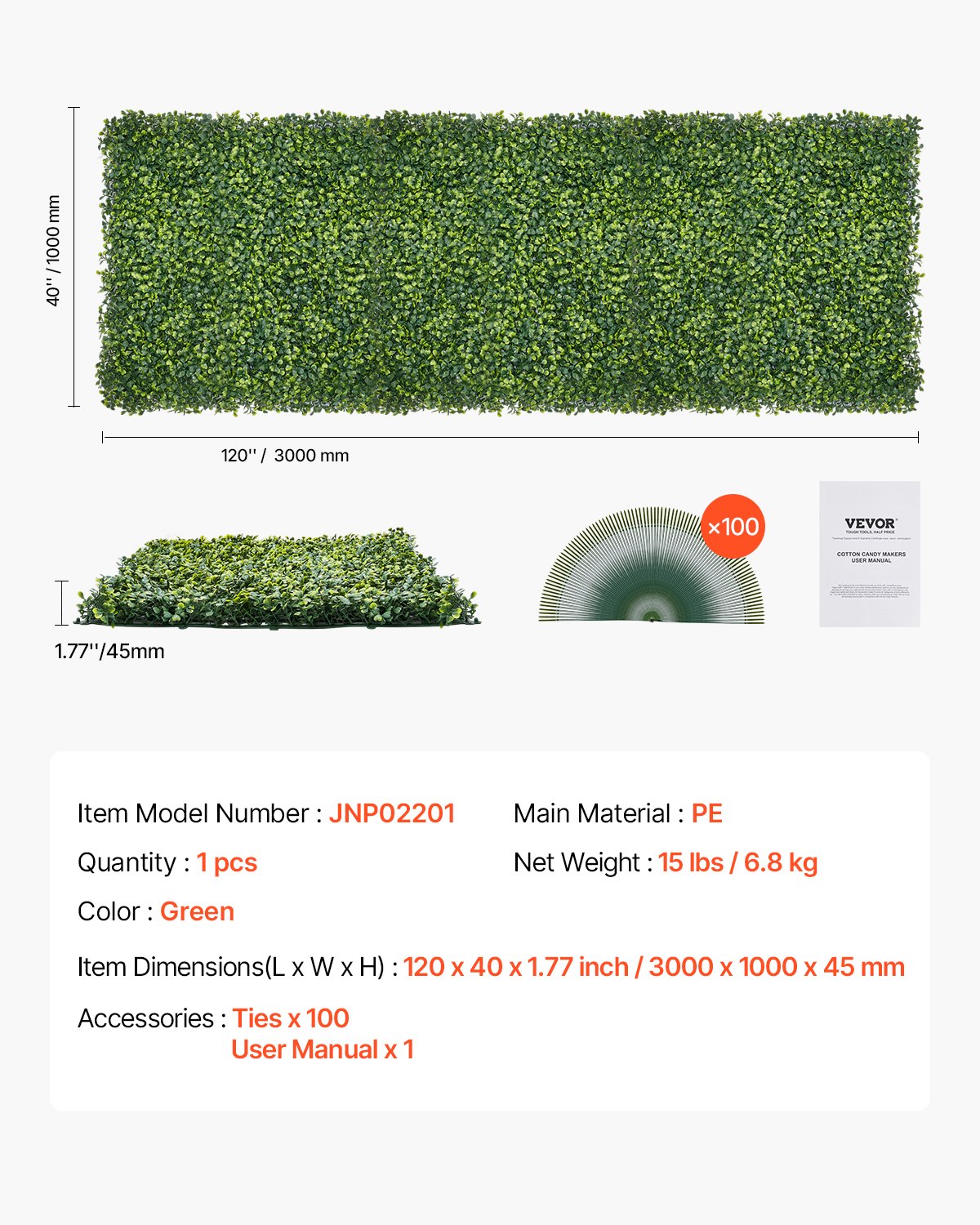 VEVOR Paneles de Césped Artificial para Pared 300x100 cm Césped Verde de Milán para Decoración Interior y Exterior 4800 Puntadas Cobertura de Valla de Hiedra Pantalla de Pared para Jardín, Patio