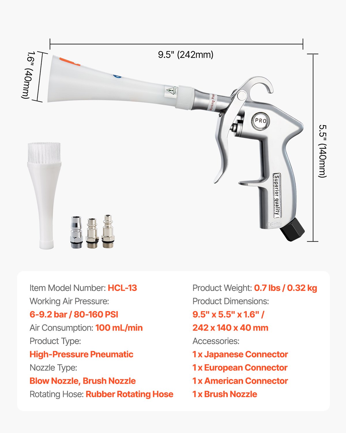 VEVOR Pistola de Limpieza Multifuncional para Automóviles, 80-160 PSI, con 2 Boquillas Giratorias 360°, Elimina Rápidamente la Suciedad y el Polvo de la Superficie, 100 mL/min, 240 x 140 x 40 mm