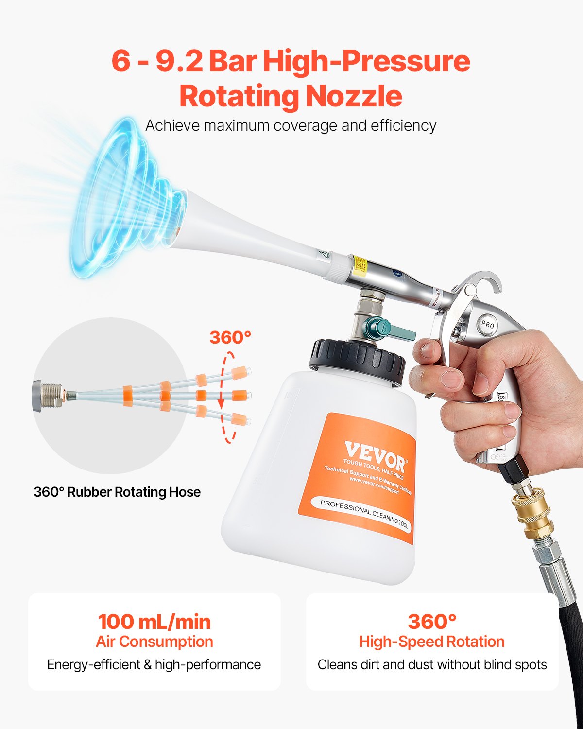 VEVOR Pistola de Limpieza de Automóviles, 80-160 PSI, con 2 Boquillas y Botella de Líquido de 1 L, Elimina Rápidamente la Suciedad y el Polvo de la Superficie, 100 mL/min, 285 x 225 x 130 mm