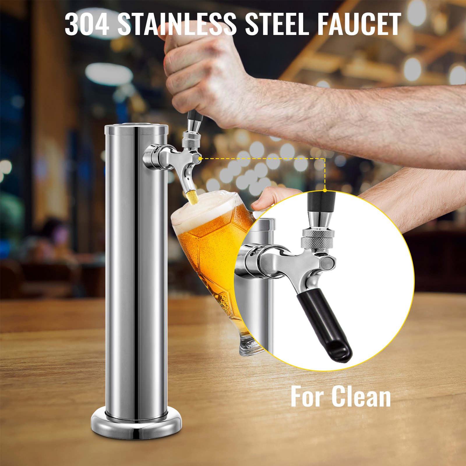 VEVOR Torre de Cerveza de Grifo Simple 360 x 76mm Torre de Barril de Cerveza Diámetro de Base 110mm Torre de Acero Inoxidable para Dispensar de Cerveza