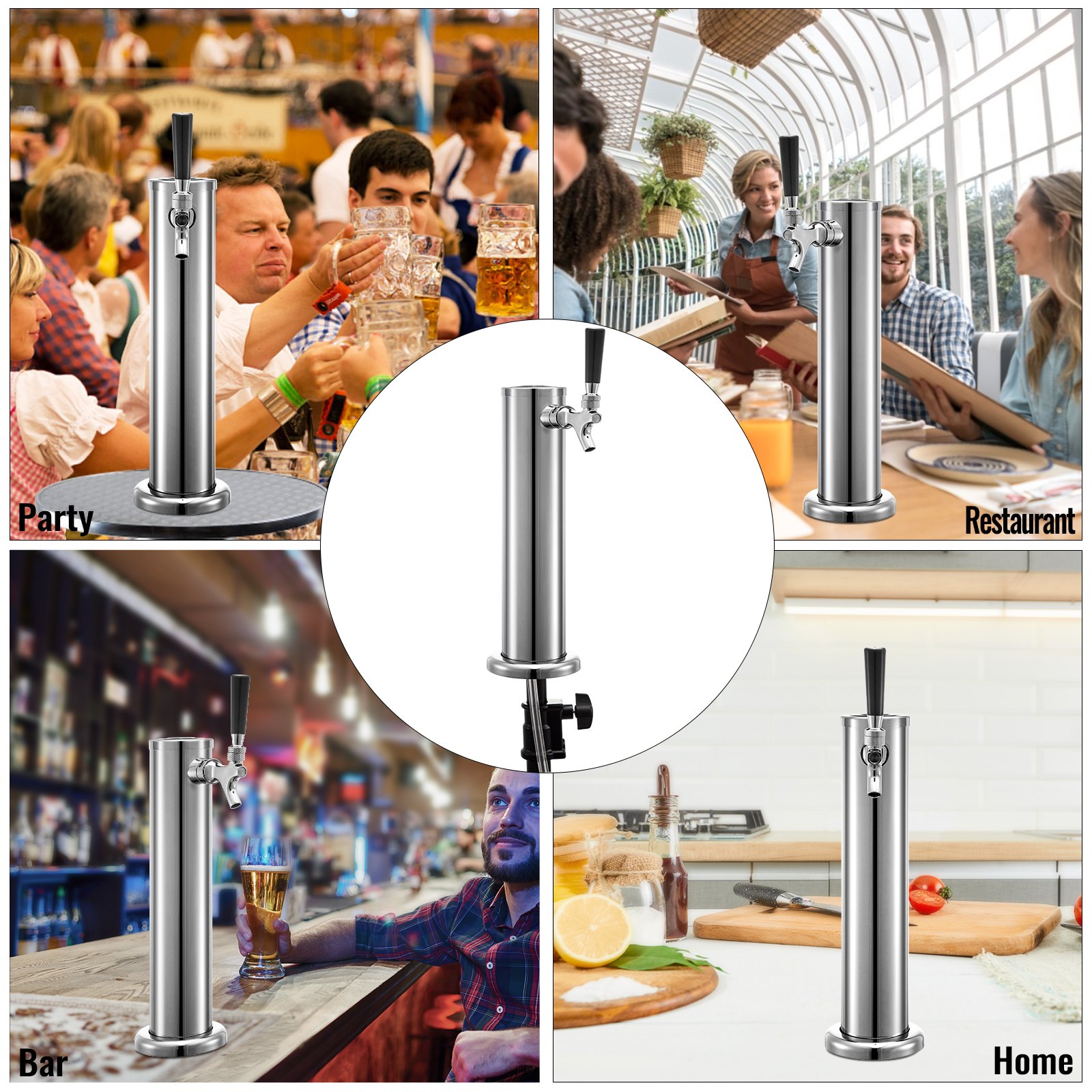 VEVOR Torre de Cerveza de Grifo Simple 360 x 76mm Torre de Barril de Cerveza Diámetro de Base 110mm Torre de Acero Inoxidable para Dispensar de Cerveza