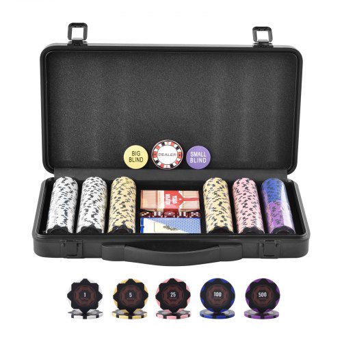 VEVOR Estuche de Póquer 300 Fichas de Póker de Clay y ABS 14g 40x3,3mm con 2 Barajas de Cartas Texas Holdem 1 Botón de Distribuidor y 2 Botones Ciegos para Juegos de Apuestas Blackjack Casino en Casa