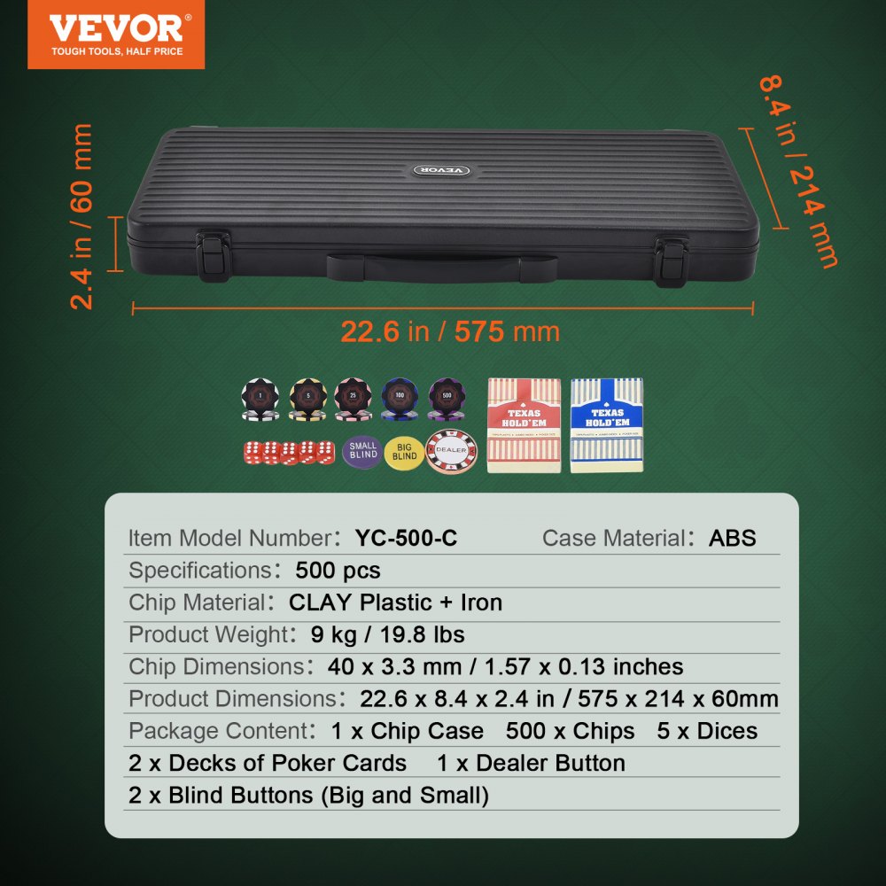 VEVOR Estuche de Póquer 500 Fichas de Póker de Clay y ABS 14g 40x3,3mm con 2 Barajas de Cartas Texas Holdem 1 Botón de Distribuidor y 2 Botones Ciegos para Juegos de Apuestas Blackjack Casino en Casa