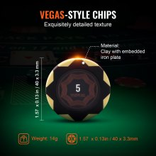 VEVOR Estuche de Póquer 500 Fichas de Póker de Clay y ABS 14g 40x3,3mm con 2 Barajas de Cartas Texas Holdem 1 Botón de Distribuidor y 2 Botones Ciegos para Juegos de Apuestas Blackjack Casino en Casa
