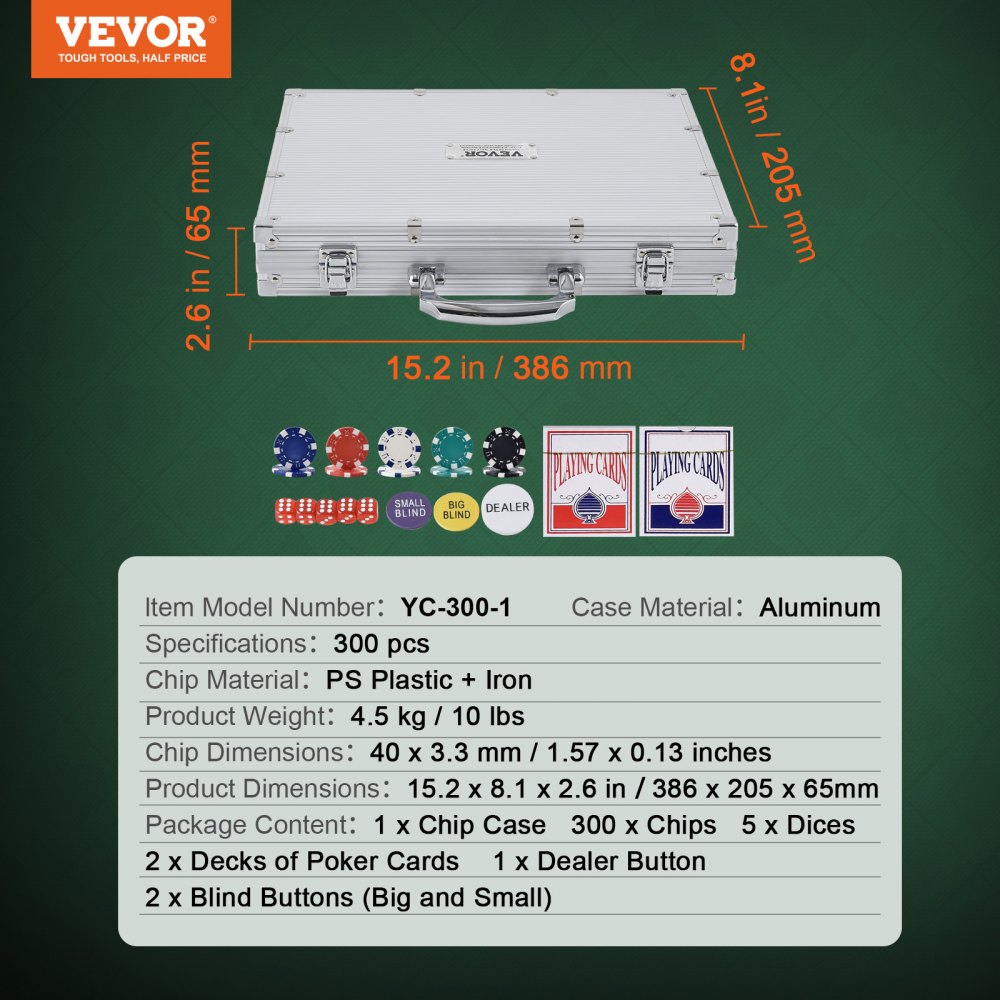 VEVOR Estuche de Póquer 300 Piezas Fichas de Póquer de Plástico 11,5 g 40 x 3,3 mm con 2 Barajas de Cartas 1 Botón de Distribuidor y 2 Botones Ciegos para Blackjack Texas Juegos de Azar Casino en Casa