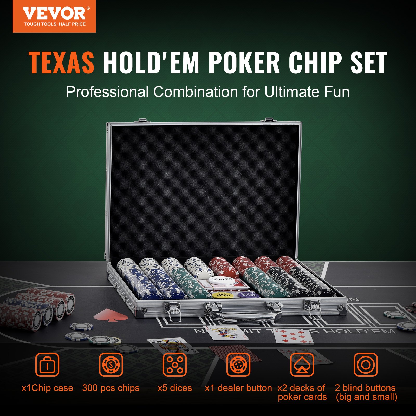 VEVOR Estuche de Póquer 300 Piezas Fichas de Póquer de Plástico 11,5 g 40 x 3,3 mm con 2 Barajas de Cartas 1 Botón de Distribuidor y 2 Botones Ciegos para Blackjack Texas Juegos de Azar Casino en Casa