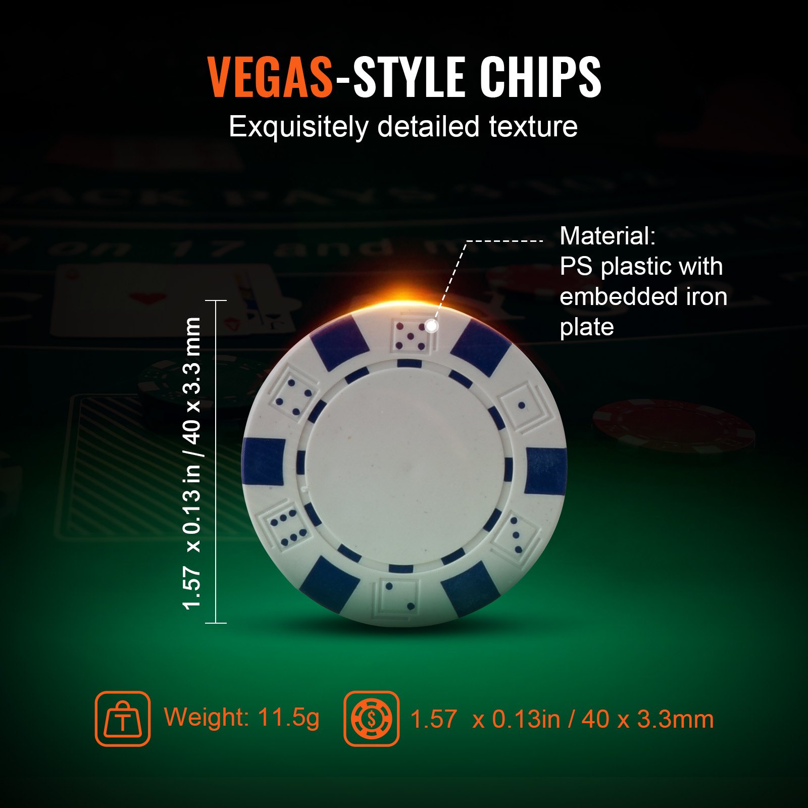 VEVOR Estuche de Póquer 300 Piezas Fichas de Póquer de Plástico 11,5 g 40 x 3,3 mm con 2 Barajas de Cartas 1 Botón de Distribuidor y 2 Botones Ciegos para Blackjack Texas Juegos de Azar Casino en Casa