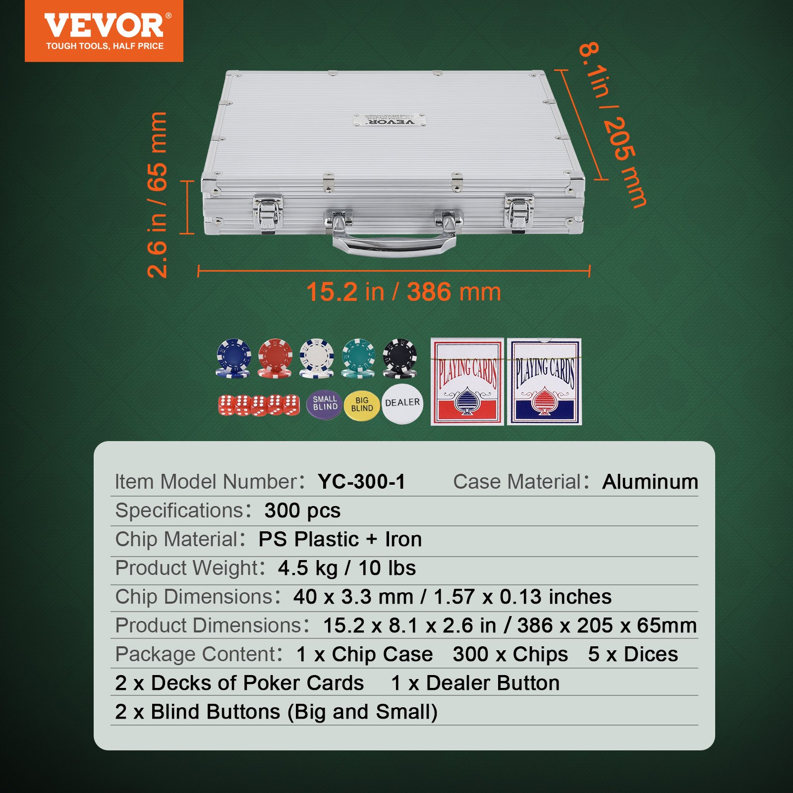 VEVOR Estuche de Póquer 300 Piezas Fichas de Póquer de Plástico 11,5 g 40 x 3,3 mm con 2 Barajas de Cartas 1 Botón de Distribuidor y 2 Botones Ciegos para Blackjack Texas Juegos de Azar Casino en Casa