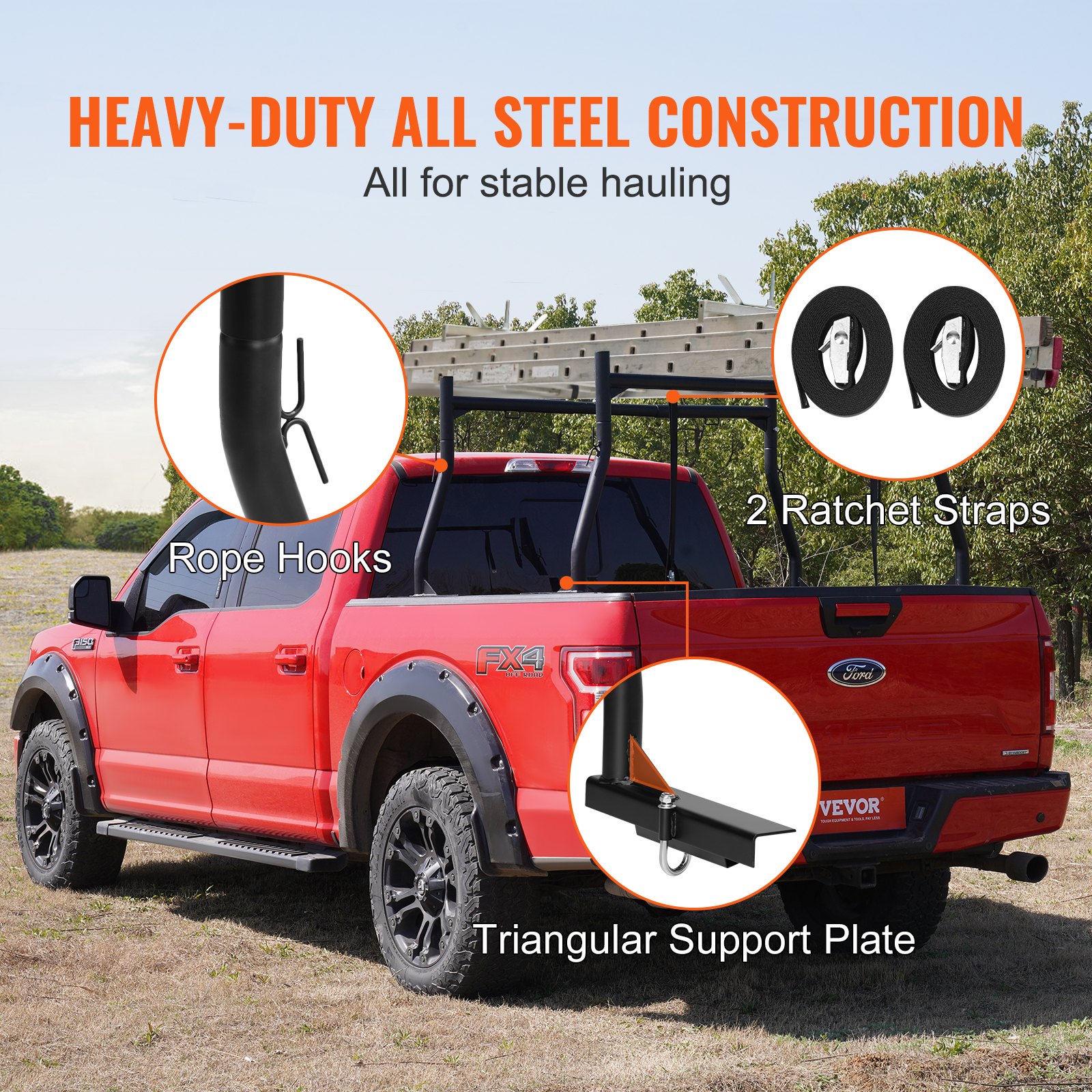 VEVOR Portaequipajes para Coche de Acero Barras Universales Carga de 363 kg Portaequipajes para Camiones Pernos en J Altura de 787 mm Ancho de 1170-1803 mm para Kayak, Tabla de Surf, Madera, Escalera