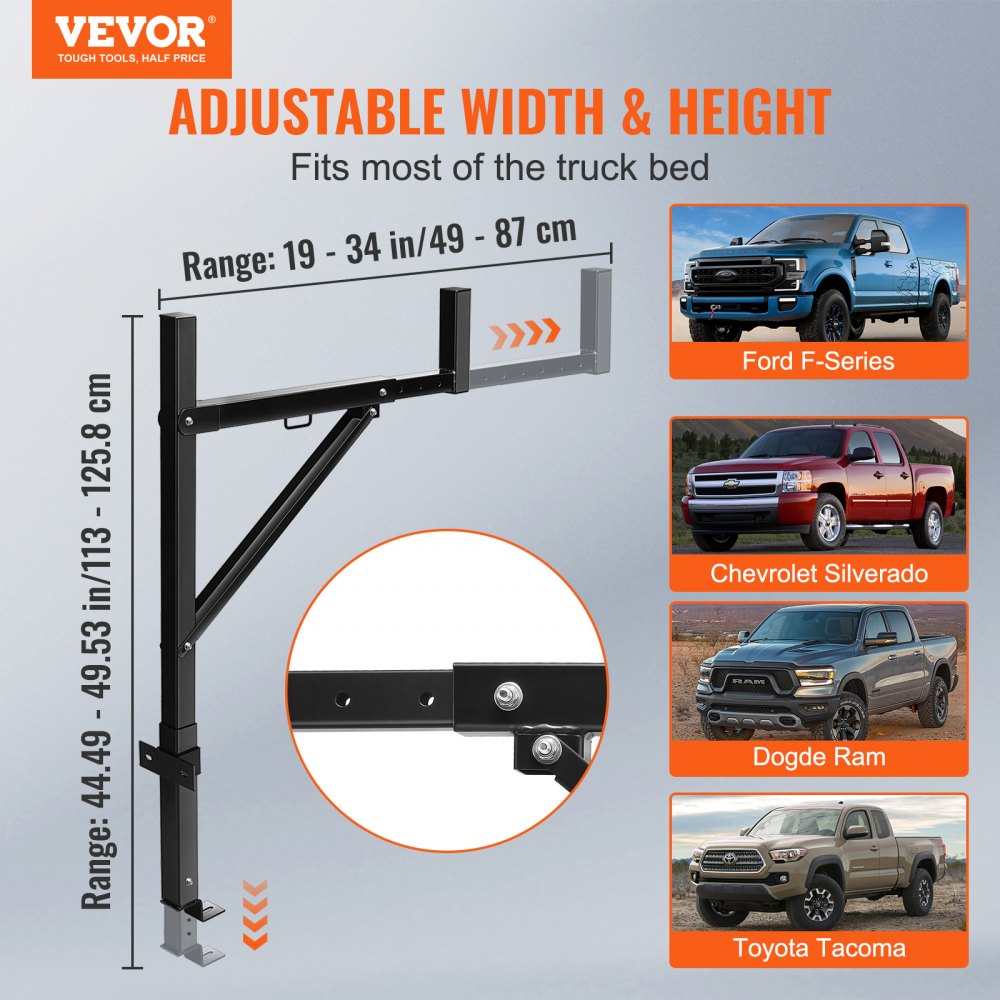 VEVOR Portaequipajes para Coche de Acero Barras Universales Carga de 113 kg Portaequipajes para Camiones Altura Ajustable de 98-110,8 cm Ancho de 490-870 mm para Kayak, Tabla de Surf, Madera, Escalera