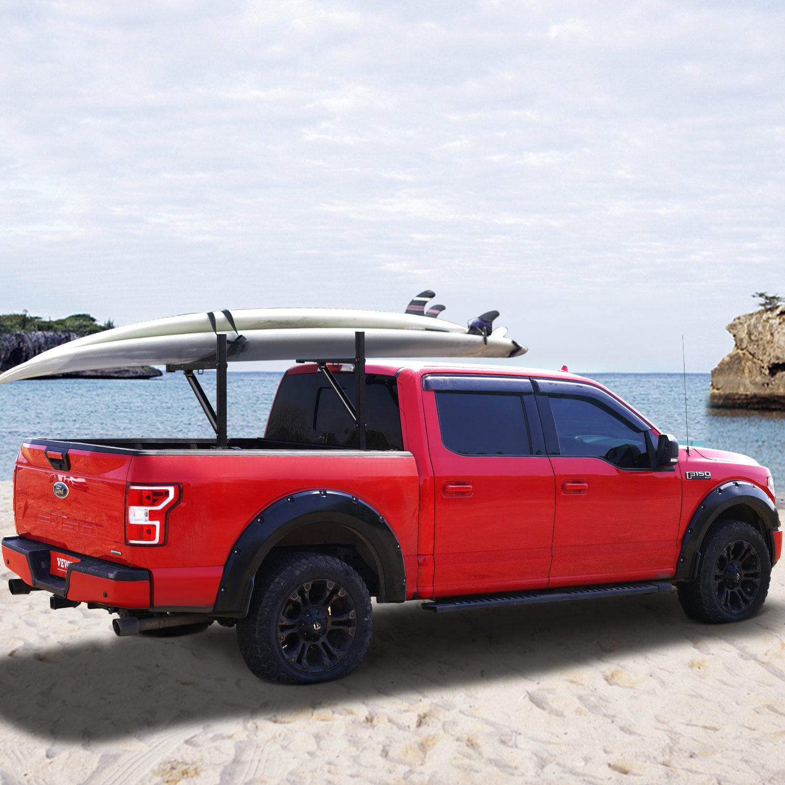 VEVOR Portaequipajes para Coche de Acero Barras Universales Carga de 113 kg Portaequipajes para Camiones Altura Ajustable de 98-110,8 cm Ancho de 490-870 mm para Kayak, Tabla de Surf, Madera, Escalera