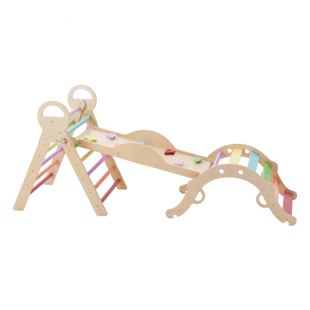 VEVOR Estructura de Escalada para Niños y Bebés, Gimnasio Montessori Plegable, con Carritos de Madera Cojín Rampa de Tobogán, Triángulo Pikler, Parque de Escalada de Interior, Aprendizaje para Niños