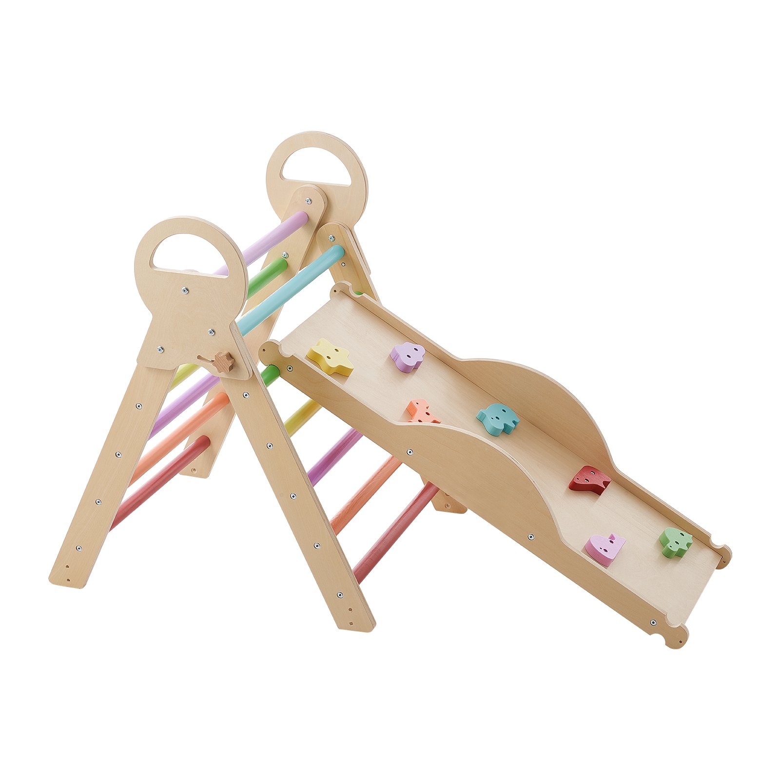 VEVOR Estructura de Escalada para Niños y Bebés, Gimnasio Montessori Plegable, con Carritos de Madera Cojín Rampa de Tobogán, Triángulo Pikler, Parque de Escalada de Interior, Aprendizaje para Niños