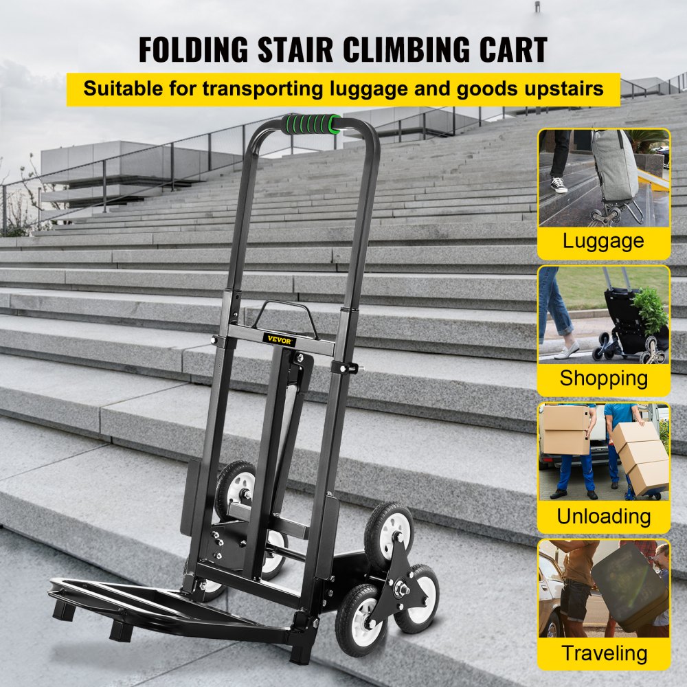 VEVOR Carrito de Mano para Escaleras 330 lbs (150 kg), Carretilla Escaladora Plegable de Acero, con Mango Ajustable de 1145 - 730 mm, Carro para Subir Escaleras con 6 Ruedas de Goma Sólidas y Estables
