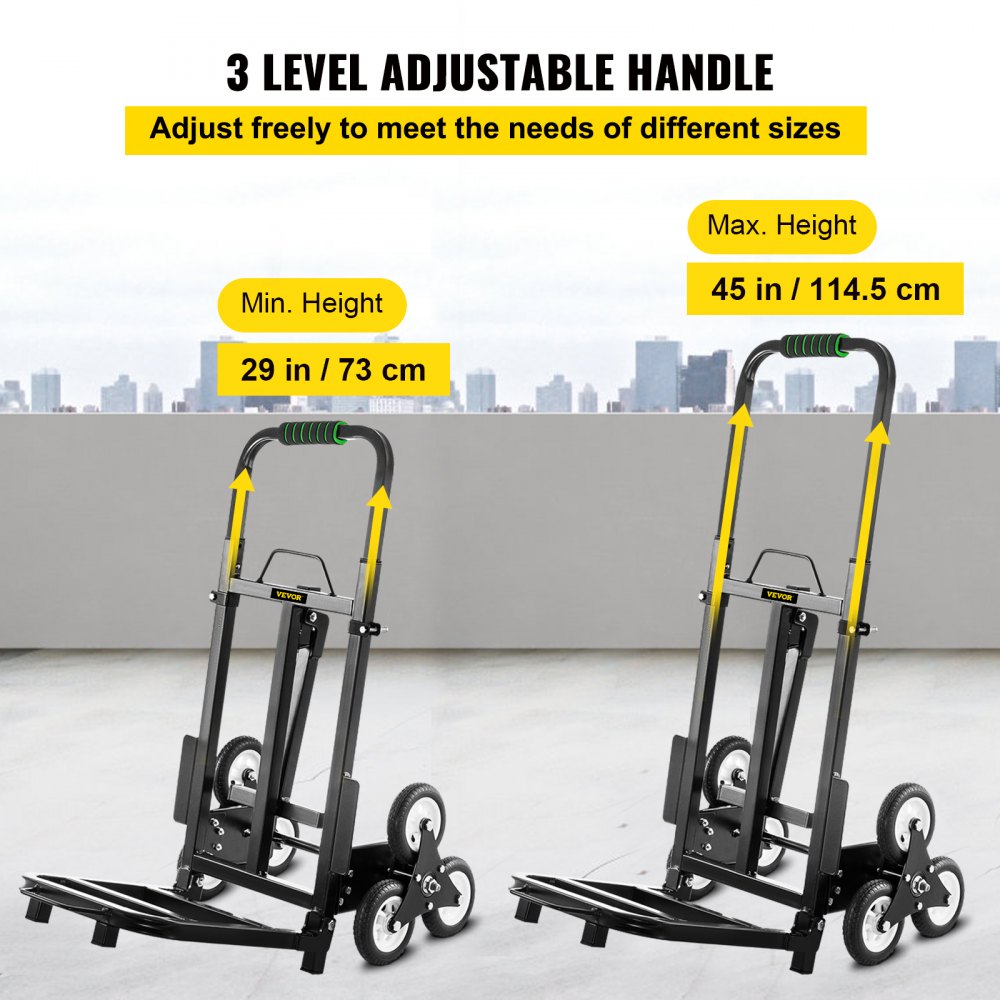 VEVOR Carrito de Mano para Escaleras 330 lbs (150 kg), Carretilla Escaladora Plegable de Acero, con Mango Ajustable de 1145 - 730 mm, Carro para Subir Escaleras con 6 Ruedas de Goma Sólidas y Estables