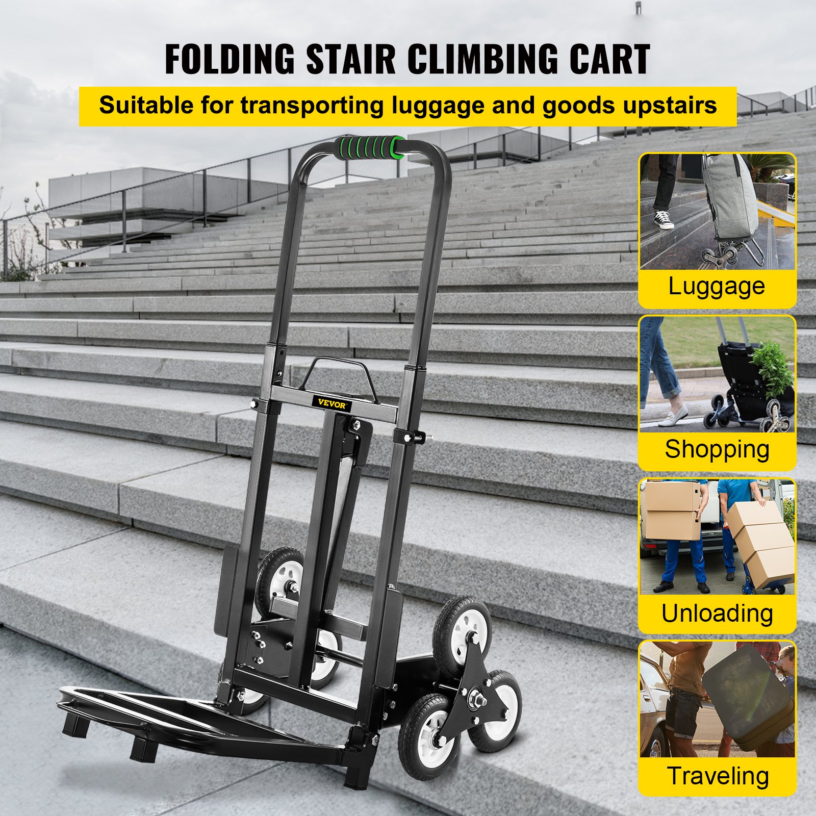 VEVOR Carrito de Mano para Escaleras 330 lbs (150 kg), Carretilla Escaladora Plegable de Acero, con Mango Ajustable de 1145 - 730 mm, Carro para Subir Escaleras con 6 Ruedas de Goma Sólidas y Estables
