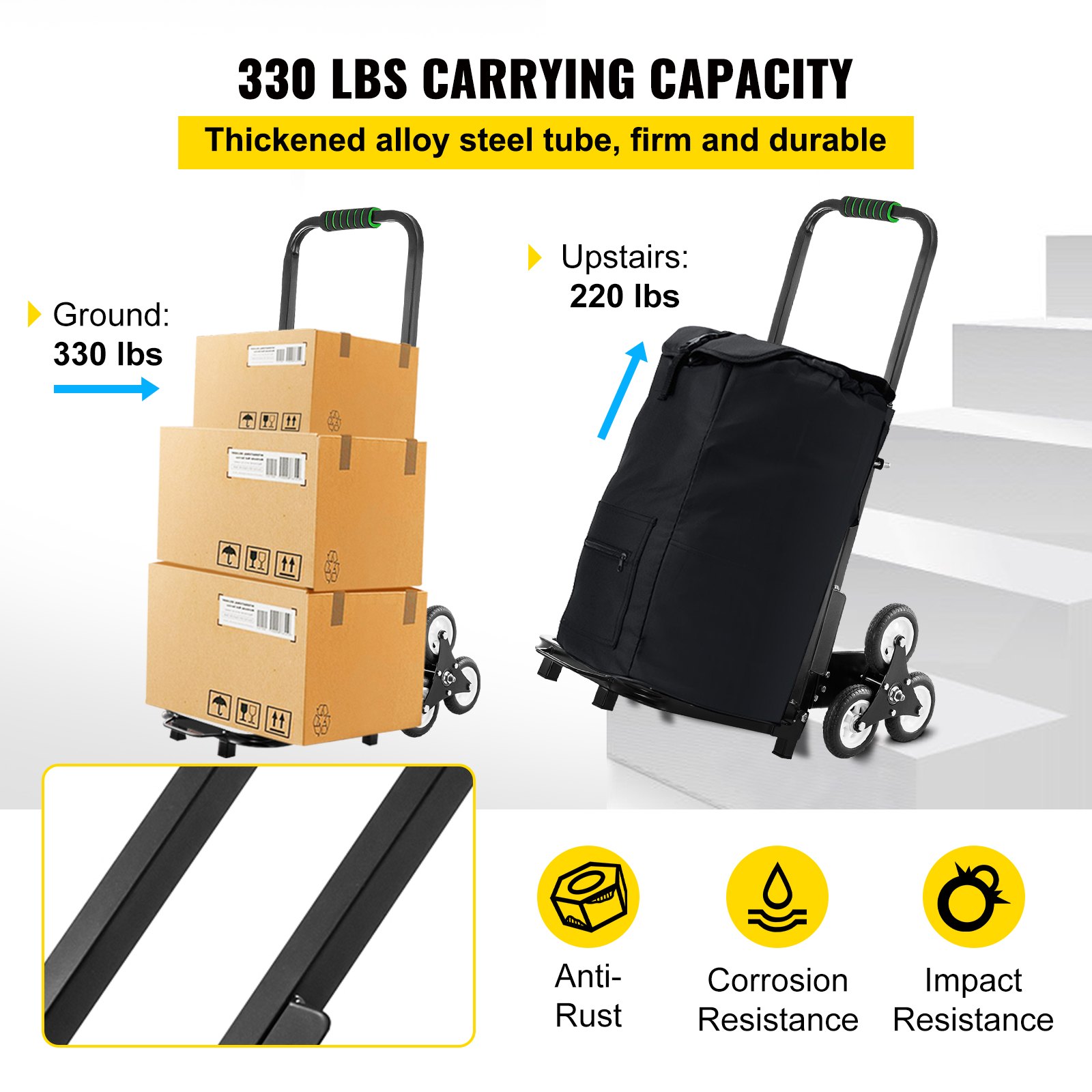 VEVOR Carrito de Mano para Escaleras 330 lbs (150 kg), Carretilla Escaladora Plegable de Acero, con Mango Ajustable de 1145 - 730 mm, Carro para Subir Escaleras con 6 Ruedas de Goma Sólidas y Estables