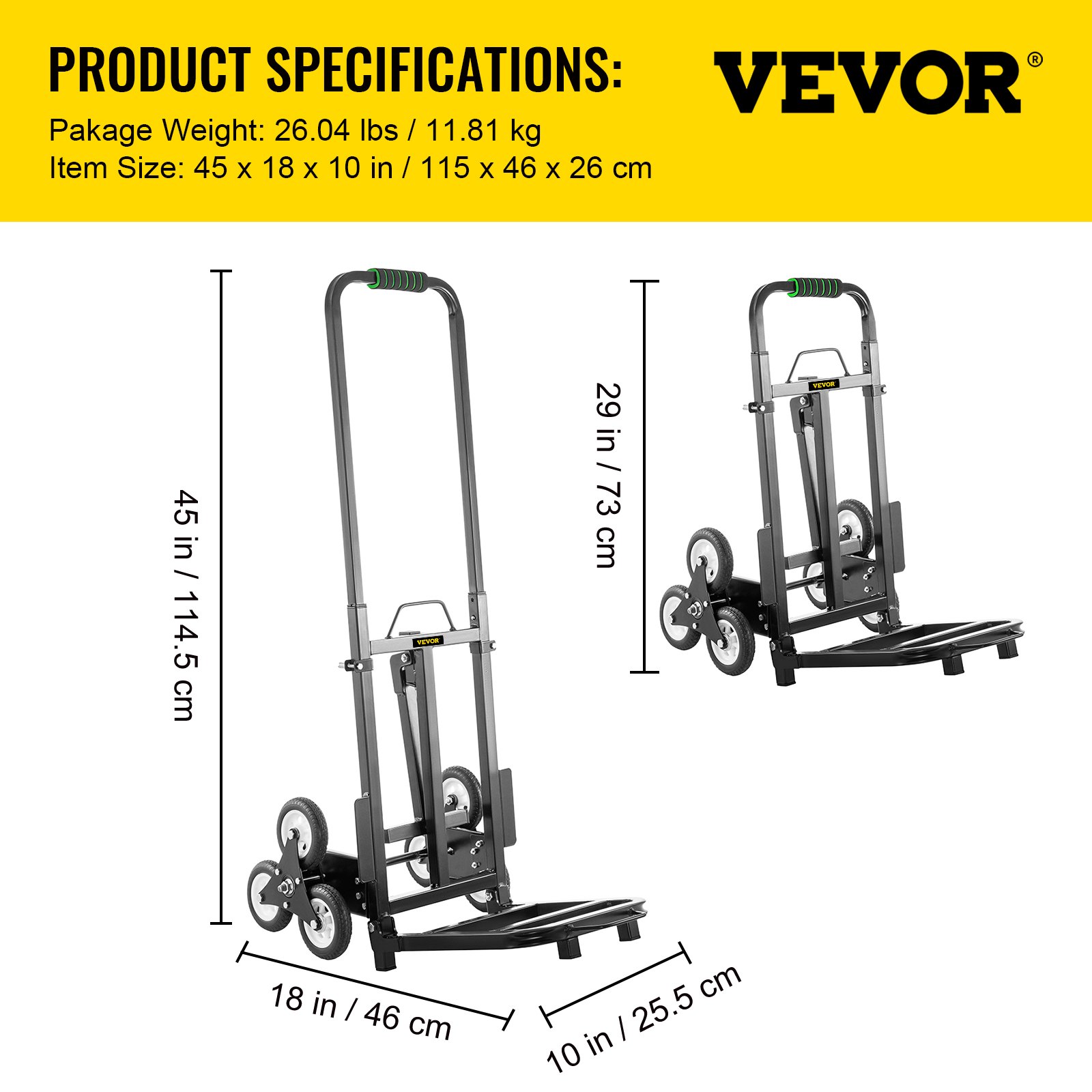 VEVOR Carrito de Mano para Escaleras 330 lbs (150 kg), Carretilla Escaladora Plegable de Acero, con Mango Ajustable de 1145 - 730 mm, Carro para Subir Escaleras con 6 Ruedas de Goma Sólidas y Estables