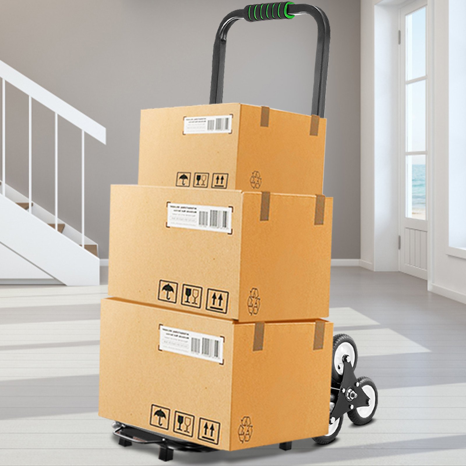 VEVOR Carrito de Mano para Escaleras 330 lbs (150 kg), Carretilla Escaladora Plegable de Acero, con Mango Ajustable de 1145 - 730 mm, Carro para Subir Escaleras con 6 Ruedas de Goma Sólidas y Estables
