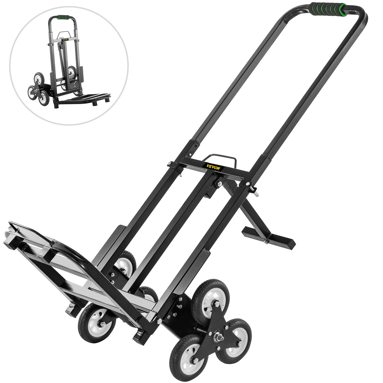 VEVOR Carrito de Mano para Escaleras 330 lbs (150 kg), Carretilla Escaladora Plegable de Acero, con Mango Ajustable de 1145 - 730 mm, Carro para Subir Escaleras con 6 Ruedas de Goma Sólidas y Estables