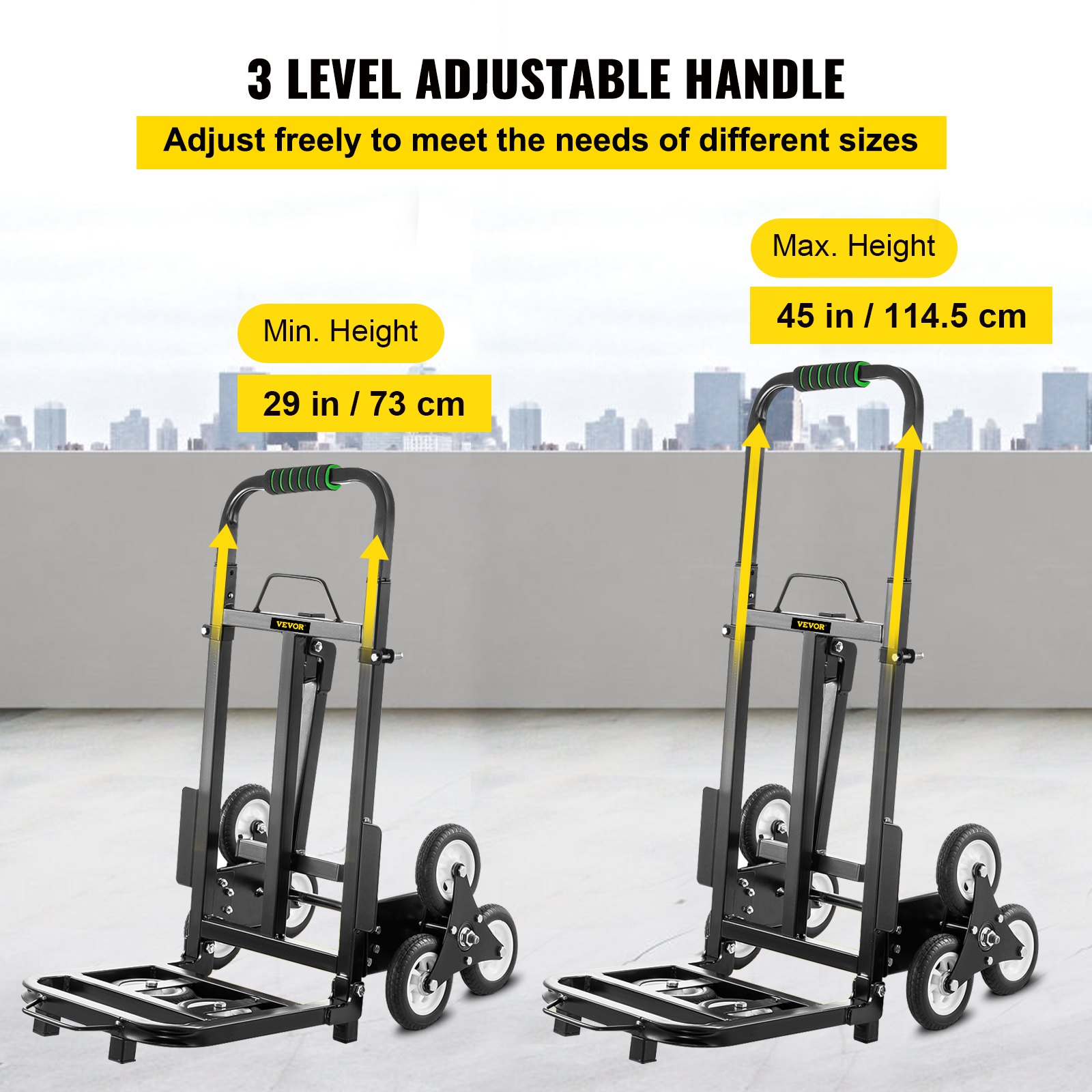 VEVOR Carrito para Escaleras Plegable Capacidad de 330 lbs (150 kg), Carretilla de Mano Portátil para Escalera con Mango Ajustable de 1145-730 mm, de Acero, Carro de Transporte Elevada Estable