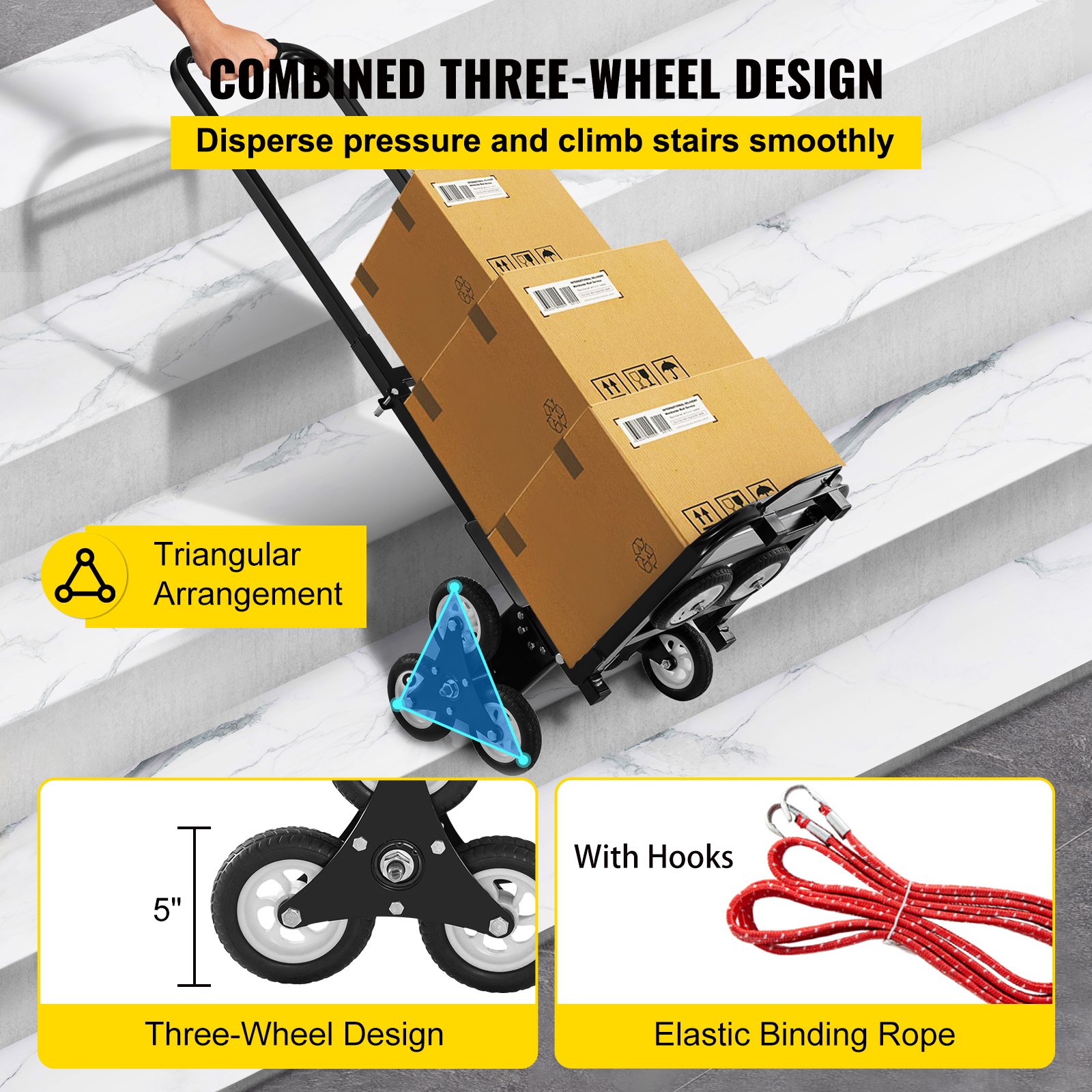 VEVOR Carrito para Escaleras Plegable Capacidad de 330 lbs (150 kg), Carretilla de Mano Portátil para Escalera con Mango Ajustable de 1145-730 mm, de Acero, Carro de Transporte Elevada Estable