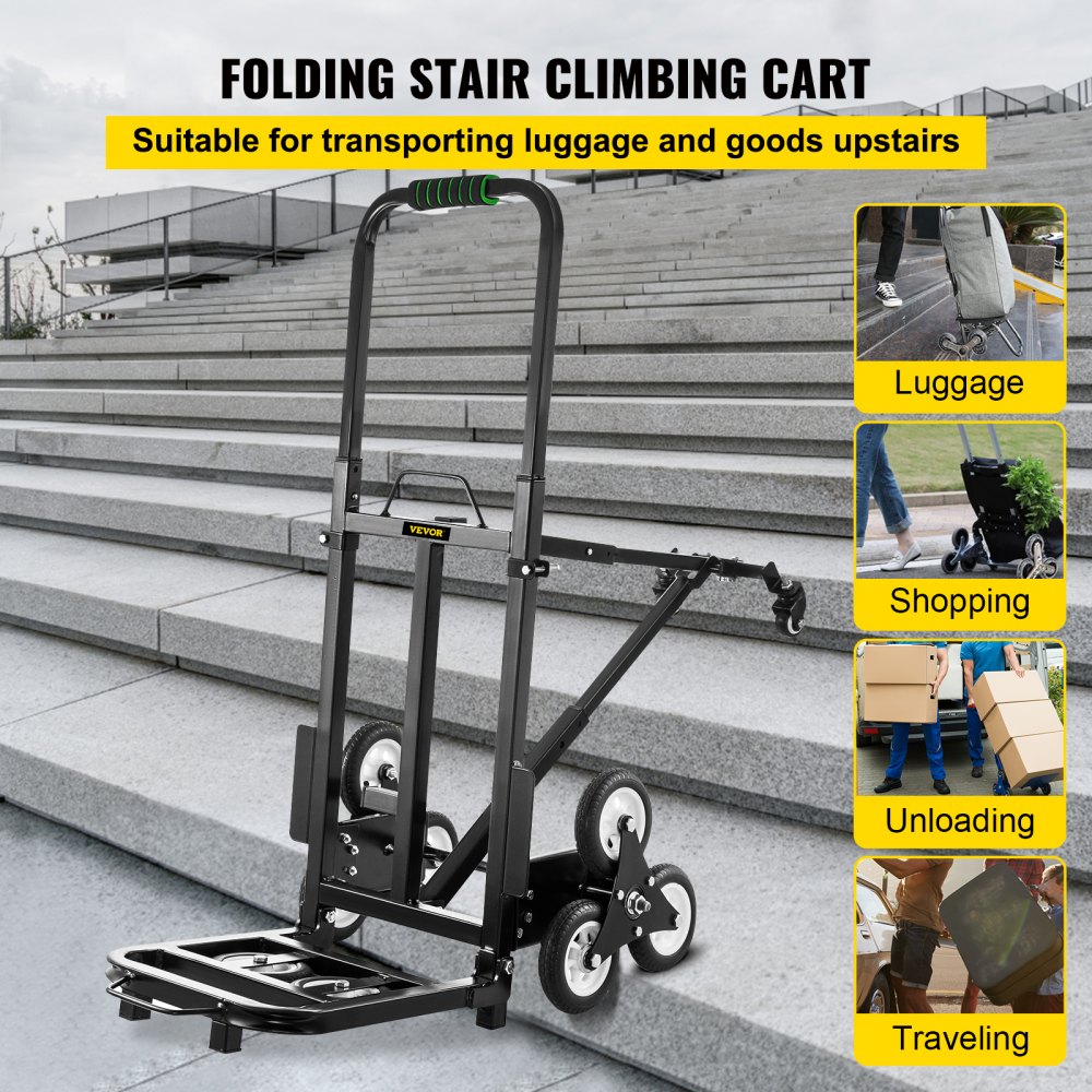 VEVOR Carretilla de Mano Portátil para Escalera de 330 lbs, Carro de Acero para Escaleras con Mango Ajustable de 1145-730 mm con 6 Ruedas