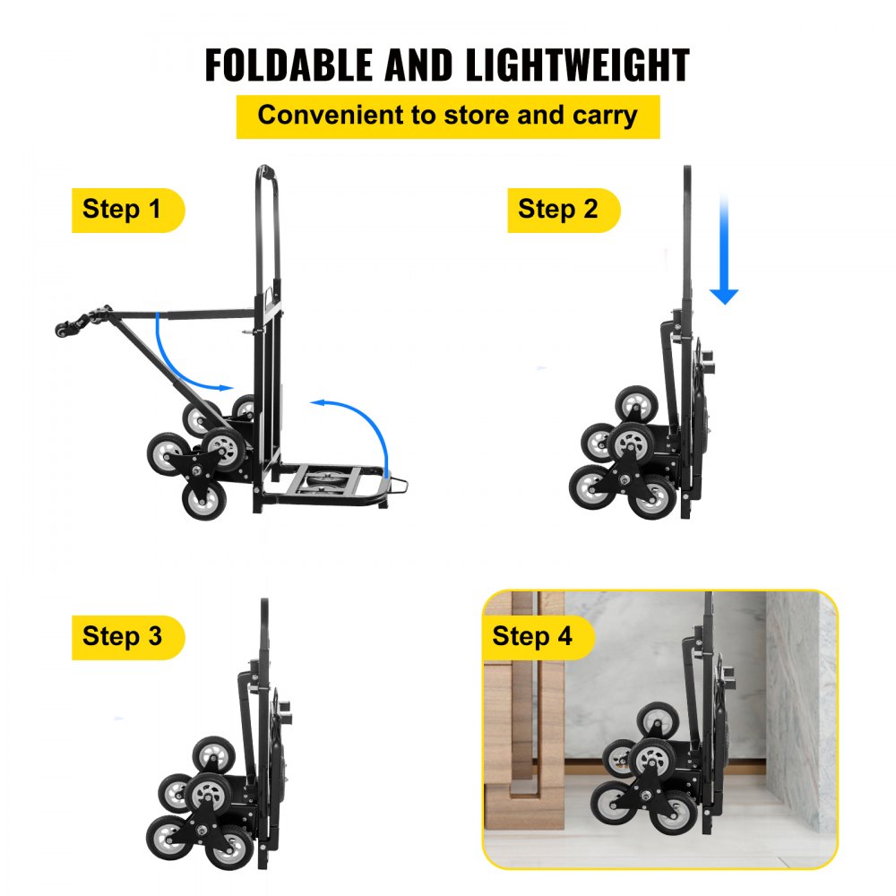 VEVOR Carretilla de Mano Portátil para Escalera de 330 lbs, Carro de Acero para Escaleras con Mango Ajustable de 1145-730 mm con 6 Ruedas