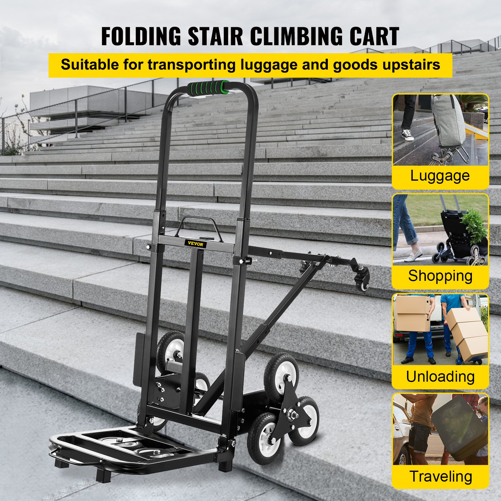 VEVOR Carretilla de Mano Portátil para Escalera de 330 lbs, Carro de Acero para Escaleras con Mango Ajustable de 1145-730 mm con 6 Ruedas