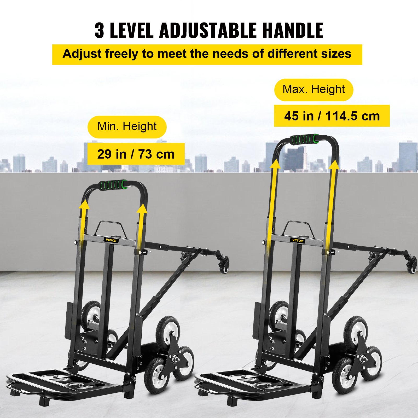 VEVOR Carretilla de Mano Portátil para Escalera de 330 lbs, Carro de Acero para Escaleras con Mango Ajustable de 1145-730 mm con 6 Ruedas
