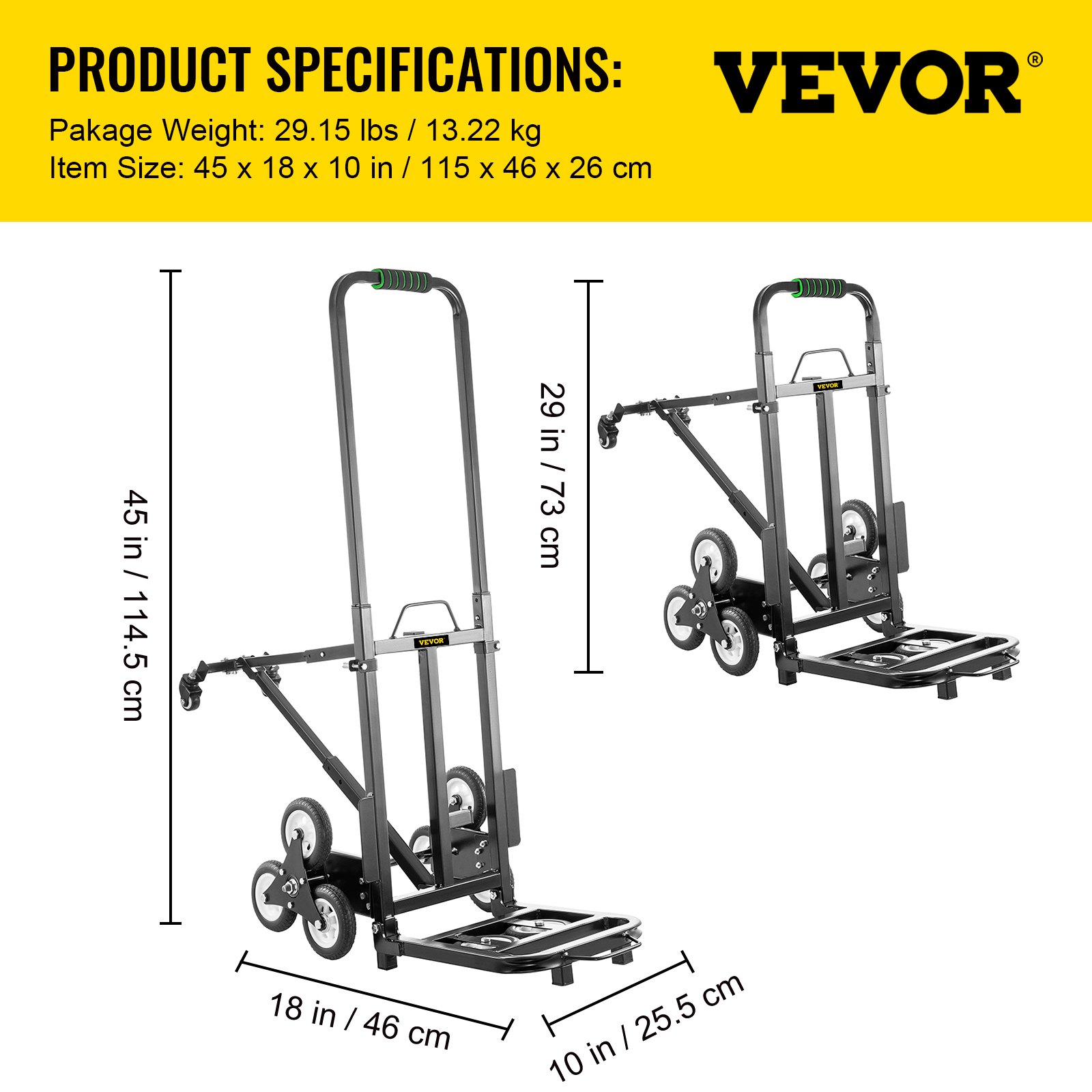VEVOR Carretilla de Mano Portátil para Escalera de 330 lbs, Carro de Acero para Escaleras con Mango Ajustable de 1145-730 mm con 6 Ruedas