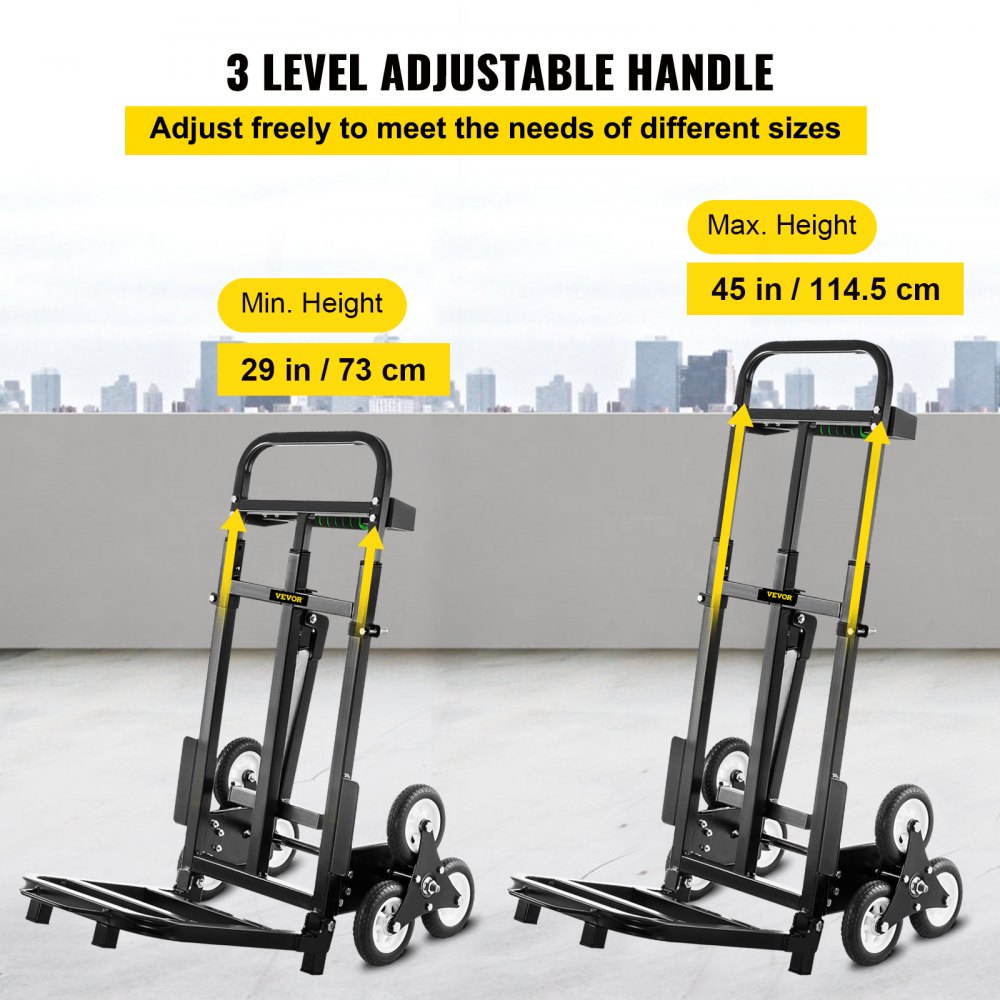 VEVOR Carro para Escaleras de 460 lbs (209 kg) Portátil, Carretilla Manual Plegable 6 Ruedas de Goma Estables, Carrito de Transporte Elevada con Mango Ajustable 1145 - 730 mm con Cuerda de Sujeción