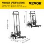 VEVOR Carro para Escaleras de 460 lbs (209 kg) Portátil, Carretilla Manual Plegable 6 Ruedas de Goma Estables, Carrito de Transporte Elevada con Mango Ajustable 1145 - 730 mm con Cuerda de Sujeción