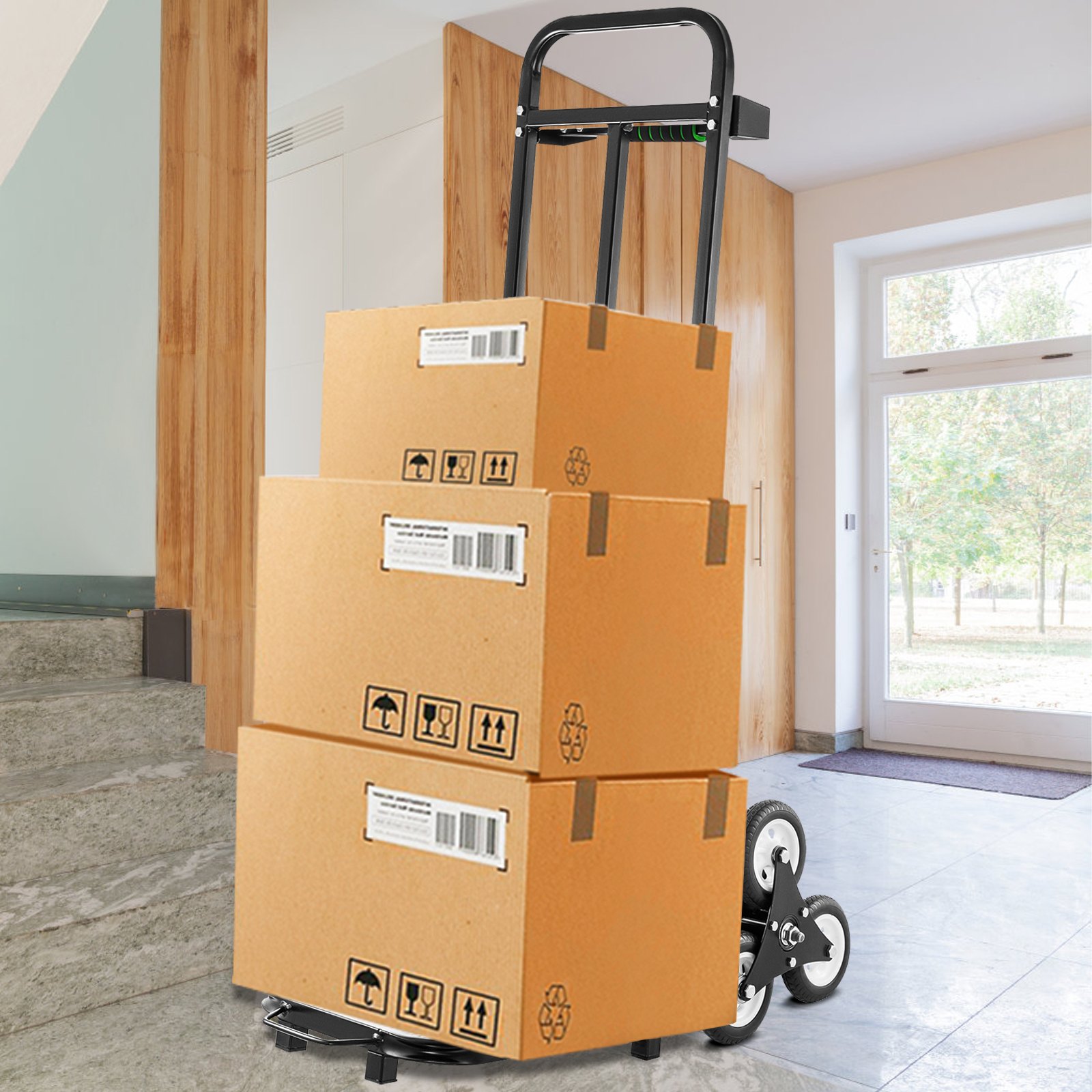 VEVOR Carro para Escaleras de 460 lbs (209 kg) Portátil, Carretilla Manual Plegable 6 Ruedas de Goma Estables, Carrito de Transporte Elevada con Mango Ajustable 1145 - 730 mm con Cuerda de Sujeción