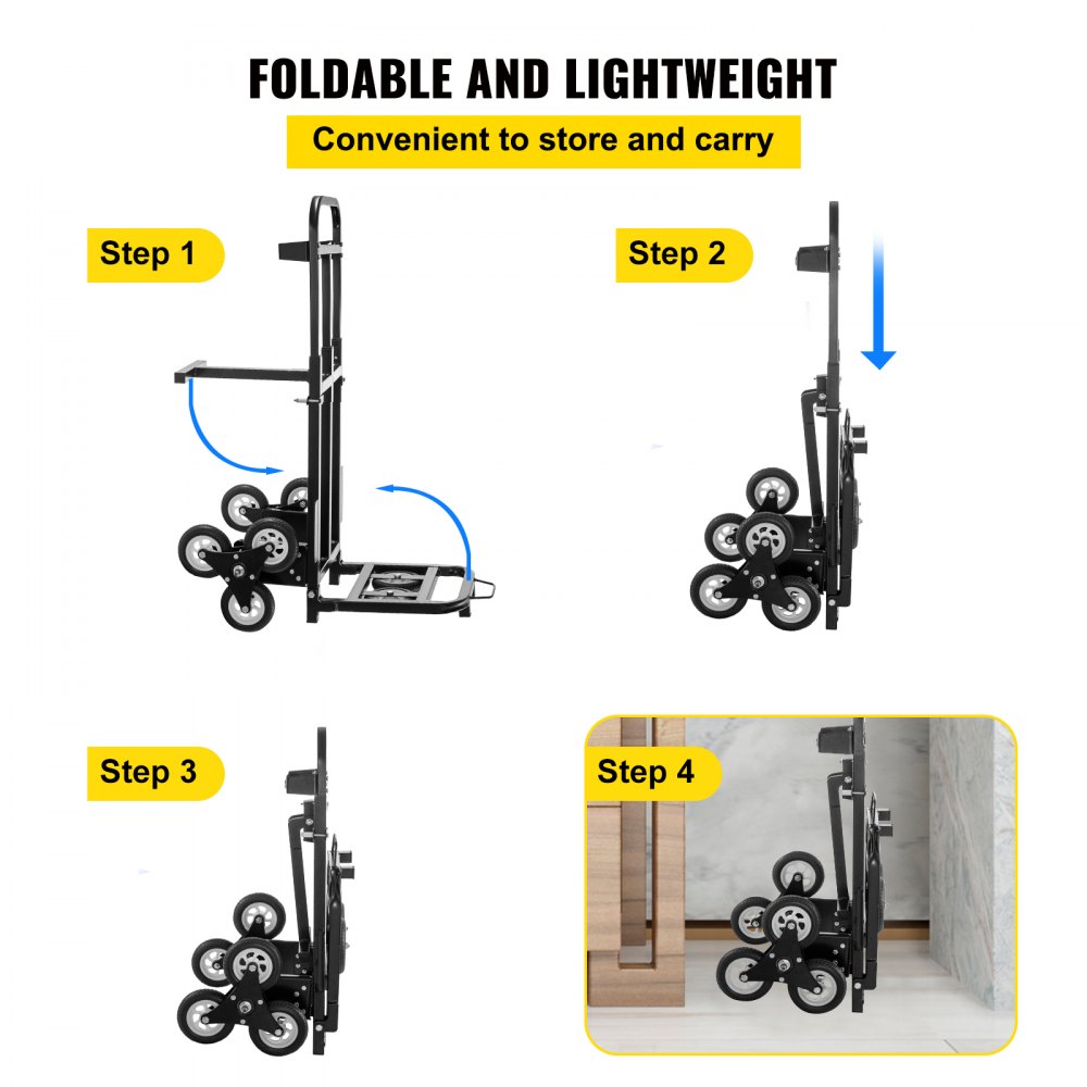 VEVOR Carretilla de Mano Portátil para Escaleras con Mango Ajustable 1145 - 730 mm, Carro para Escaleras Acero Plegable Capacidad de 460 lbs (209 kg), Carrito Compra Escalera con Ruedas Estables