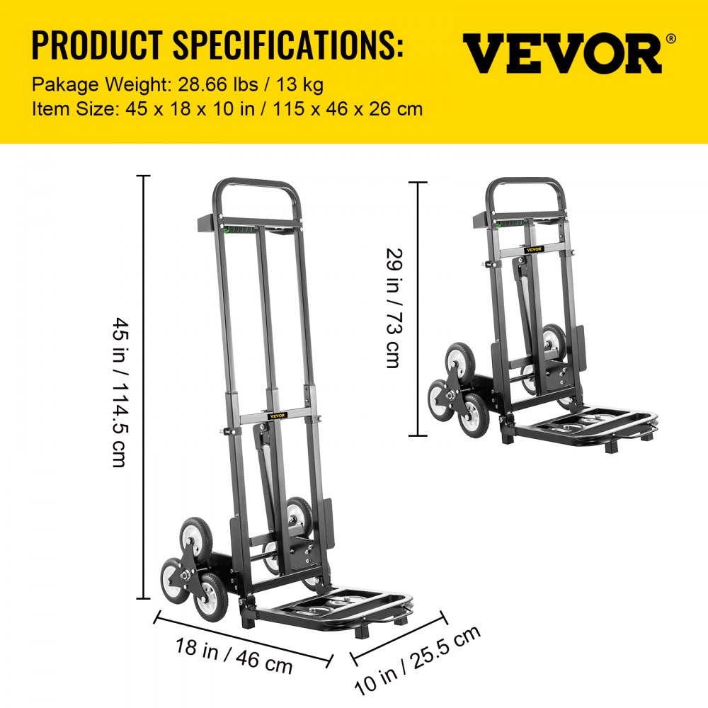 VEVOR Carretilla de Mano Portátil para Escaleras con Mango Ajustable 1145 - 730 mm, Carro para Escaleras Acero Plegable Capacidad de 460 lbs (209 kg), Carrito Compra Escalera con Ruedas Estables