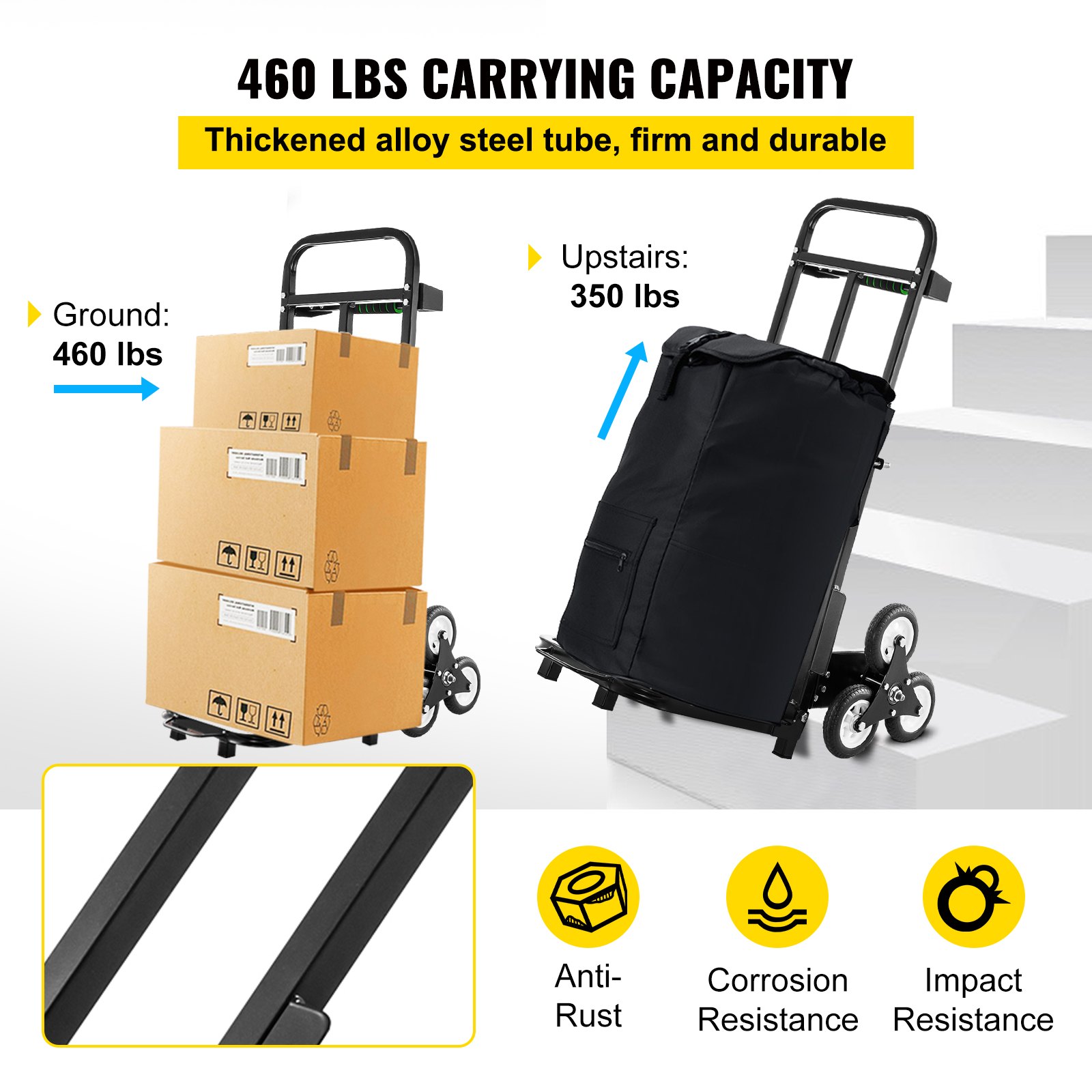 VEVOR Carretilla de Mano Portátil para Escaleras con Mango Ajustable 1145 - 730 mm, Carro para Escaleras Acero Plegable Capacidad de 460 lbs (209 kg), Carrito Compra Escalera con Ruedas Estables