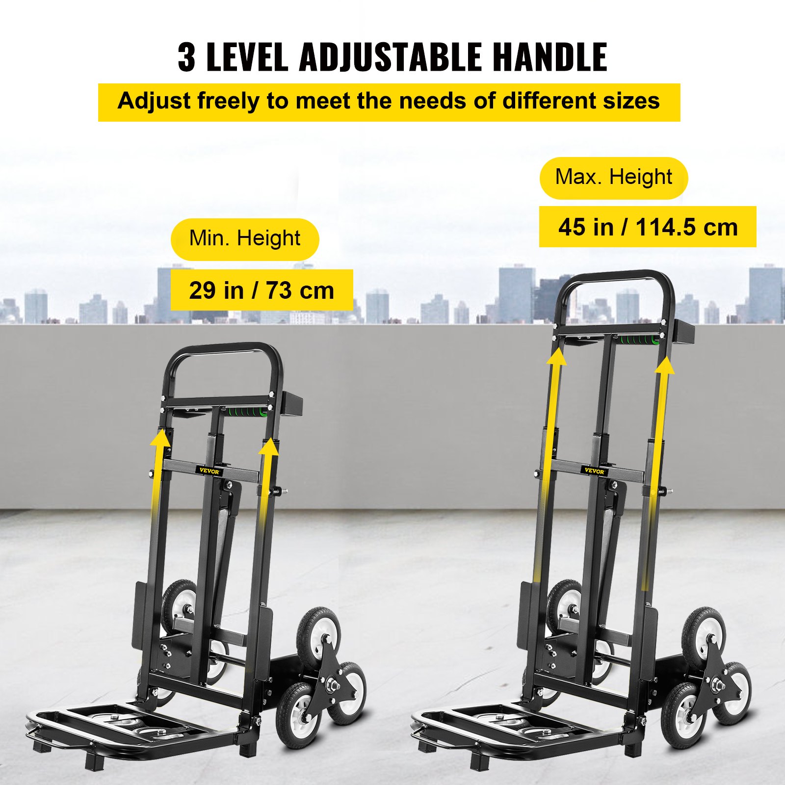 VEVOR Carretilla de Mano Portátil para Escaleras con Mango Ajustable 1145 - 730 mm, Carro para Escaleras Acero Plegable Capacidad de 460 lbs (209 kg), Carrito Compra Escalera con Ruedas Estables