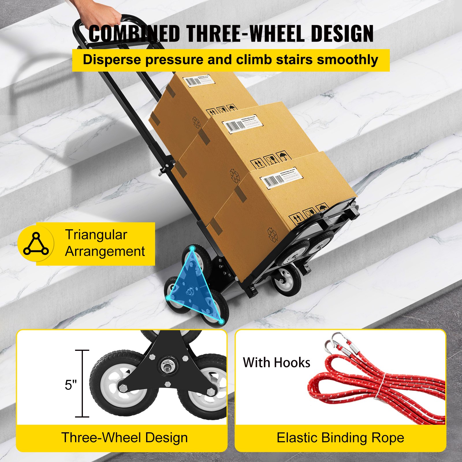 VEVOR Carretilla de Mano Portátil para Escaleras con Mango Ajustable 1145 - 730 mm, Carro para Escaleras Acero Plegable Capacidad de 460 lbs (209 kg), Carrito Compra Escalera con Ruedas Estables