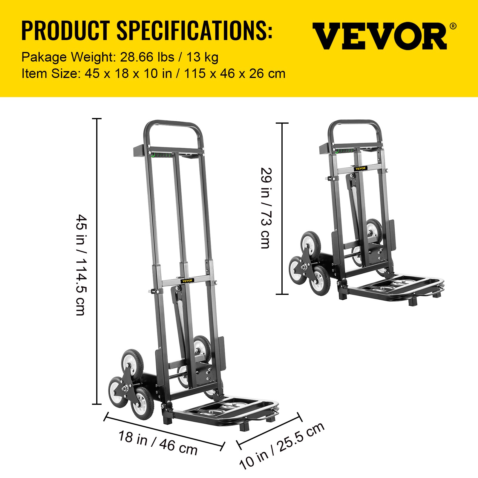 VEVOR Carretilla de Mano Portátil para Escaleras con Mango Ajustable 1145 - 730 mm, Carro para Escaleras Acero Plegable Capacidad de 460 lbs (209 kg), Carrito Compra Escalera con Ruedas Estables