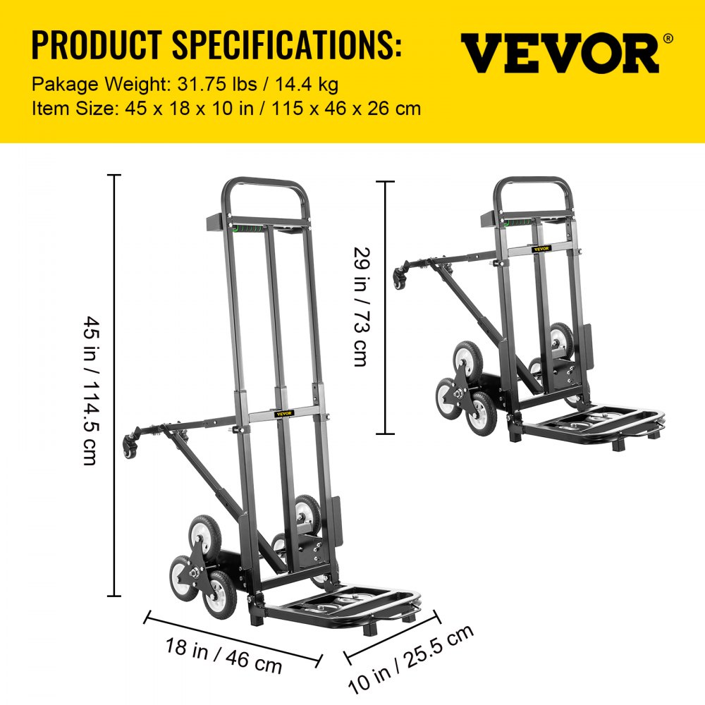 VEVOR Carro para Subir Escalera Plegable 209 kg Carretilla de Mano con 6 Ruedas