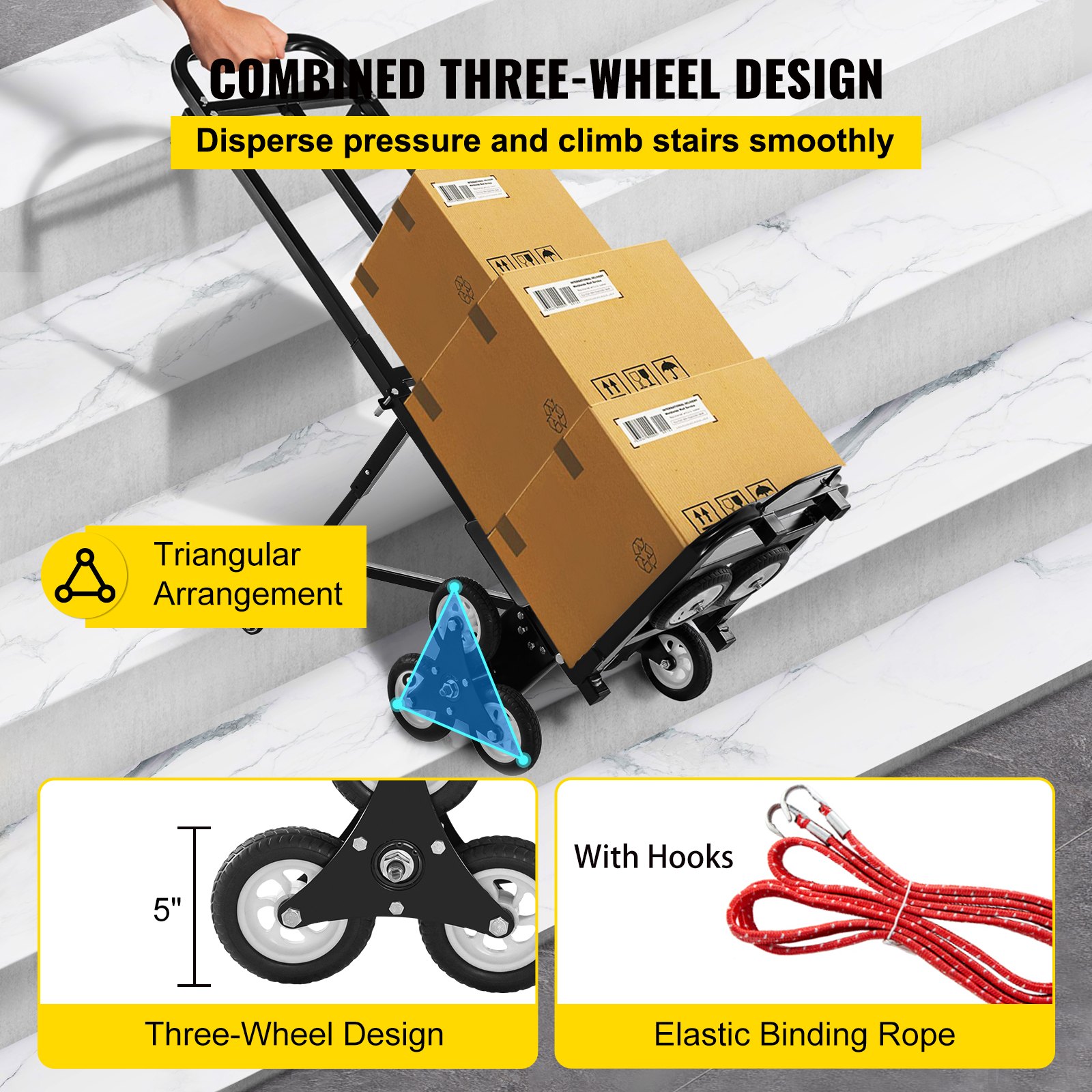 VEVOR Carro para Subir Escalera Plegable 209 kg Carretilla de Mano con 6 Ruedas