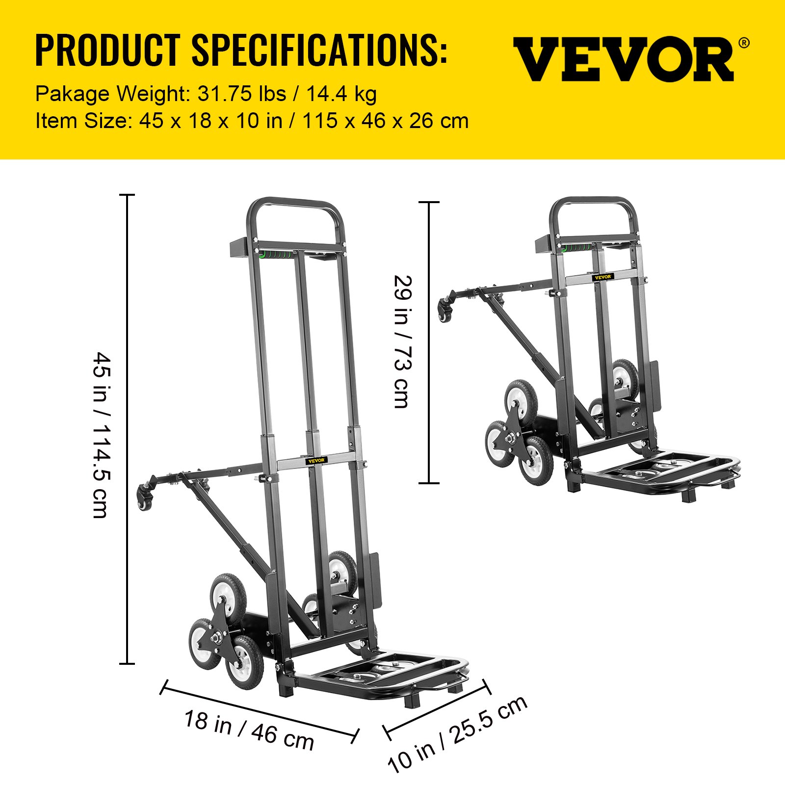 VEVOR Carro para Subir Escalera Plegable 209 kg Carretilla de Mano con 6 Ruedas