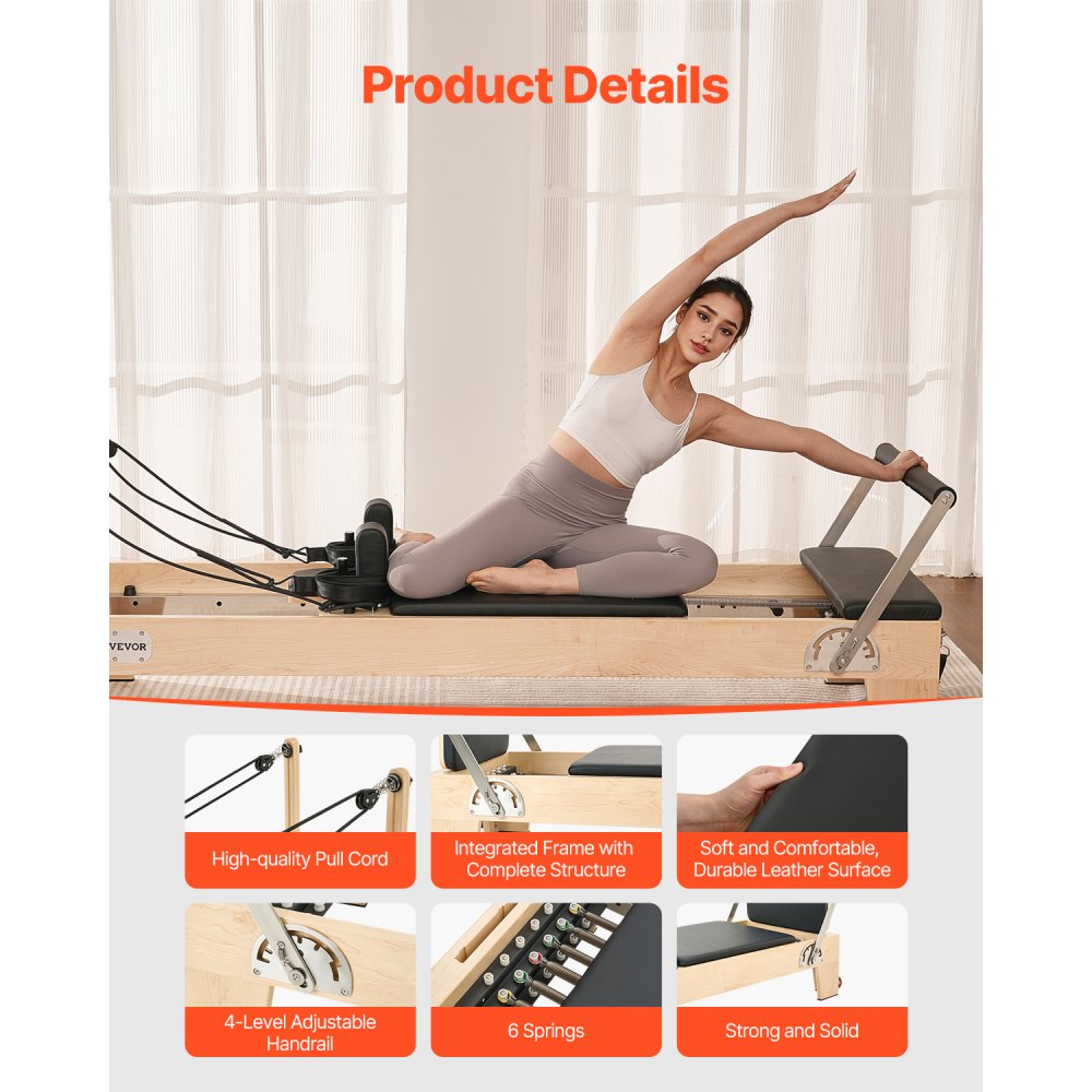 VEVOR Reformer de Pilates de Madera Máquina de Pilates para Gimnasio en Casa Equipo de Pilates Doble Resistencia Resorte y Cuerda Reformador con Cajón para Sentarse Hasta 181,4 kg, 238x73,5x92,5 cm