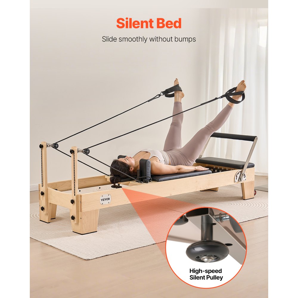 VEVOR Reformer de Pilates de Madera Máquina de Pilates para Gimnasio en Casa Equipo de Pilates Doble Resistencia Resorte y Cuerda Reformador con Cajón para Sentarse Hasta 181,4 kg, 238x73,5x92,5 cm