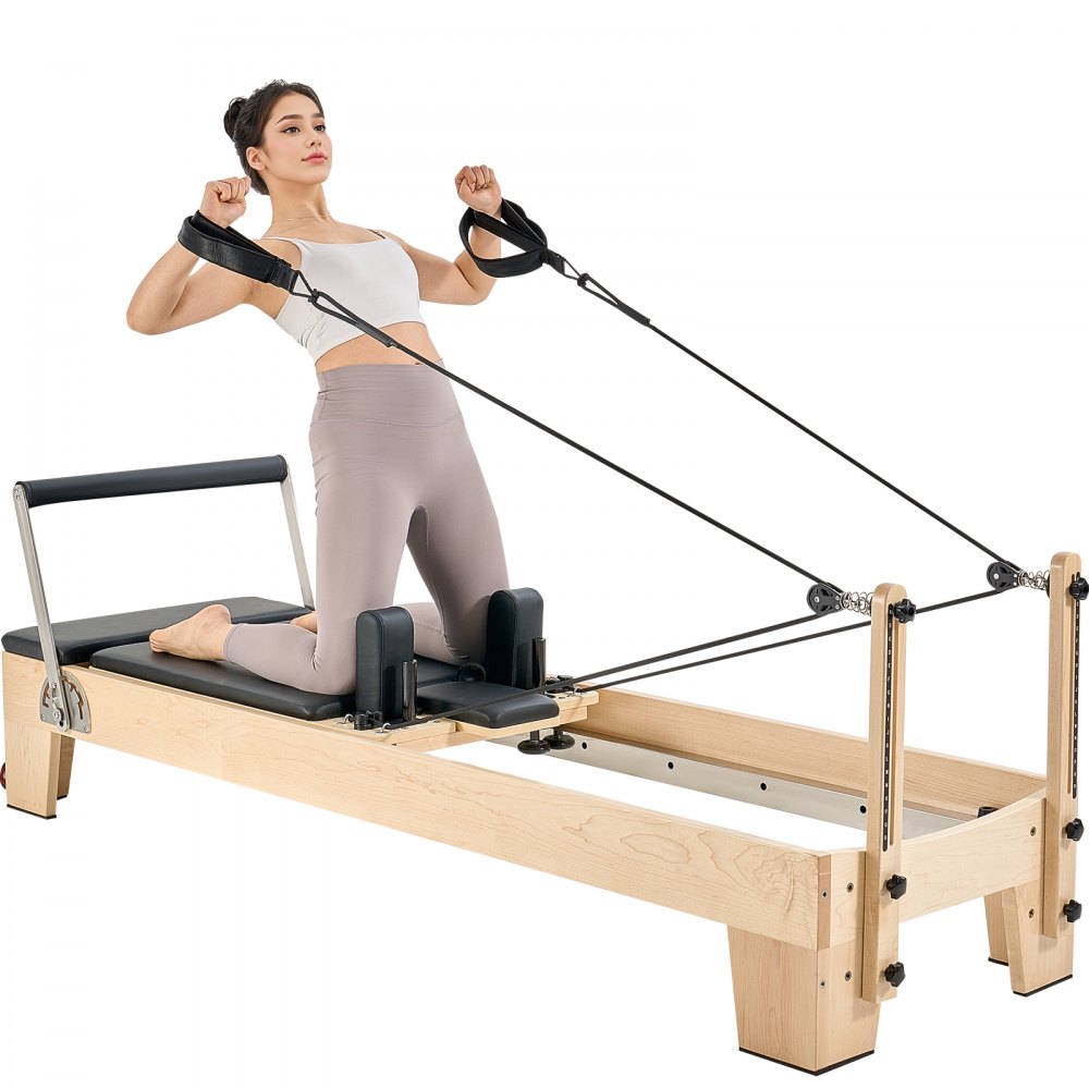 VEVOR Reformer de Pilates de Madera Máquina de Pilates para Gimnasio en Casa Equipo de Pilates Doble Resistencia Resorte y Cuerda Reformador con Cajón para Sentarse Hasta 181,4 kg, 238x73,5x92,5 cm