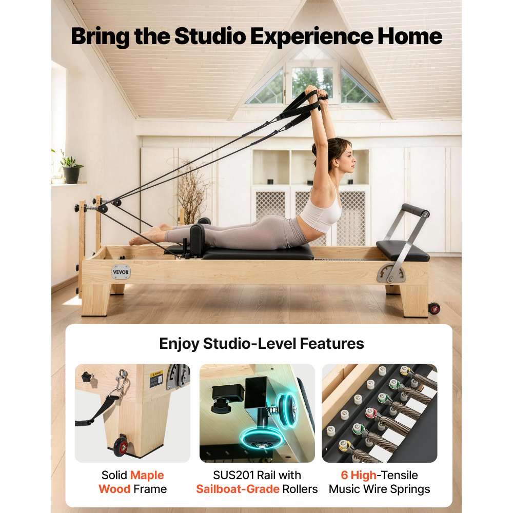VEVOR Reformer de Pilates de Madera Máquina de Pilates para Gimnasio en Casa Equipo de Pilates Doble Resistencia Resorte y Cuerda Reformador con Cajón para Sentarse Hasta 181,4 kg, 238x73,5x92,5 cm