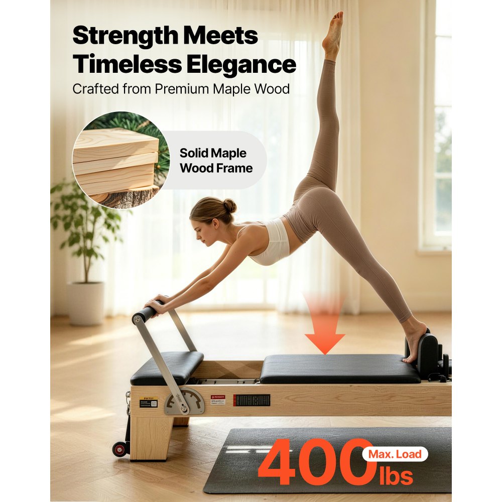 VEVOR Reformer de Pilates de Madera Máquina de Pilates para Gimnasio en Casa Equipo de Pilates Doble Resistencia Resorte y Cuerda Reformador con Cajón para Sentarse Hasta 181,4 kg, 238x73,5x92,5 cm