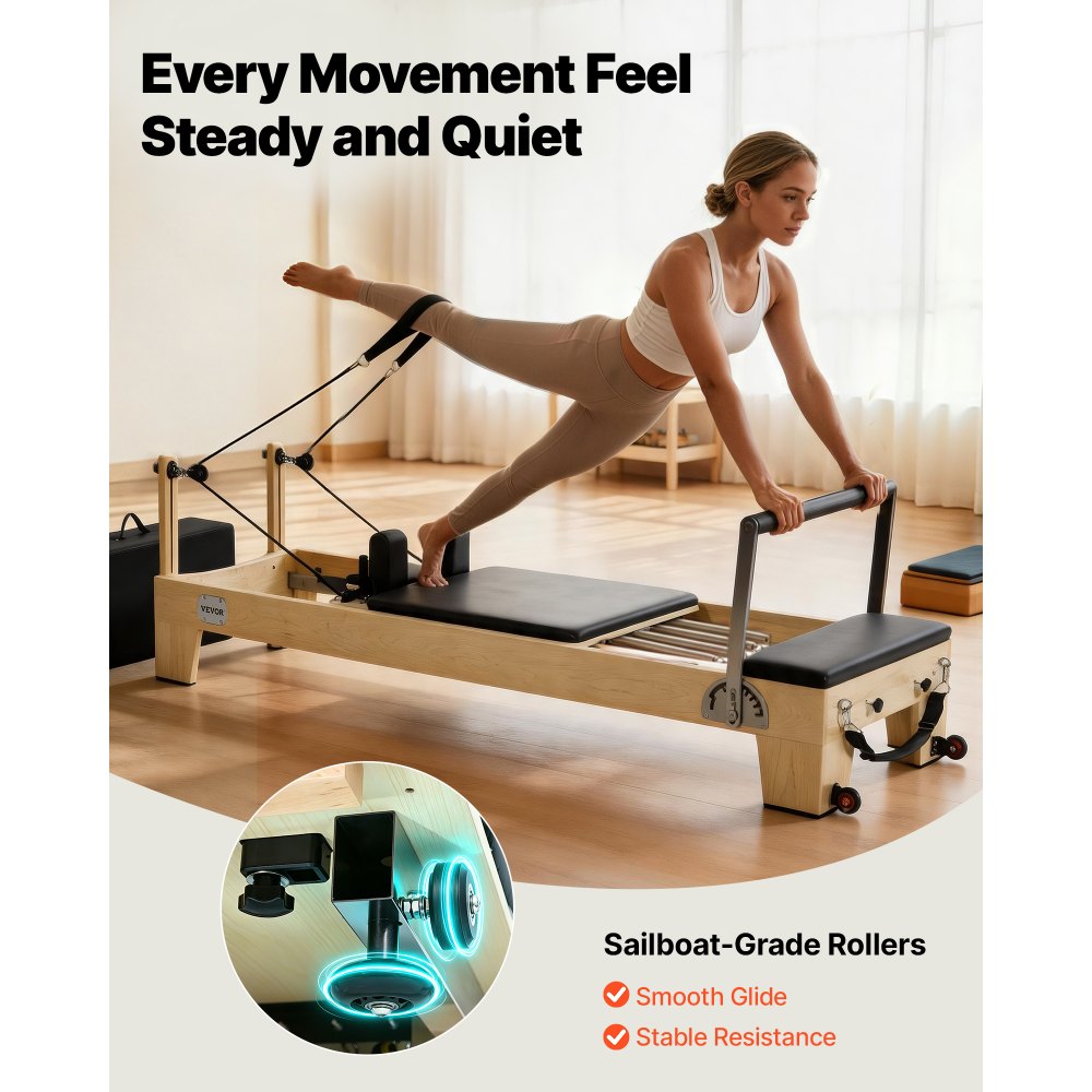 VEVOR Reformer de Pilates de Madera Máquina de Pilates para Gimnasio en Casa Equipo de Pilates Doble Resistencia Resorte y Cuerda Reformador con Cajón para Sentarse Hasta 181,4 kg, 238x73,5x92,5 cm