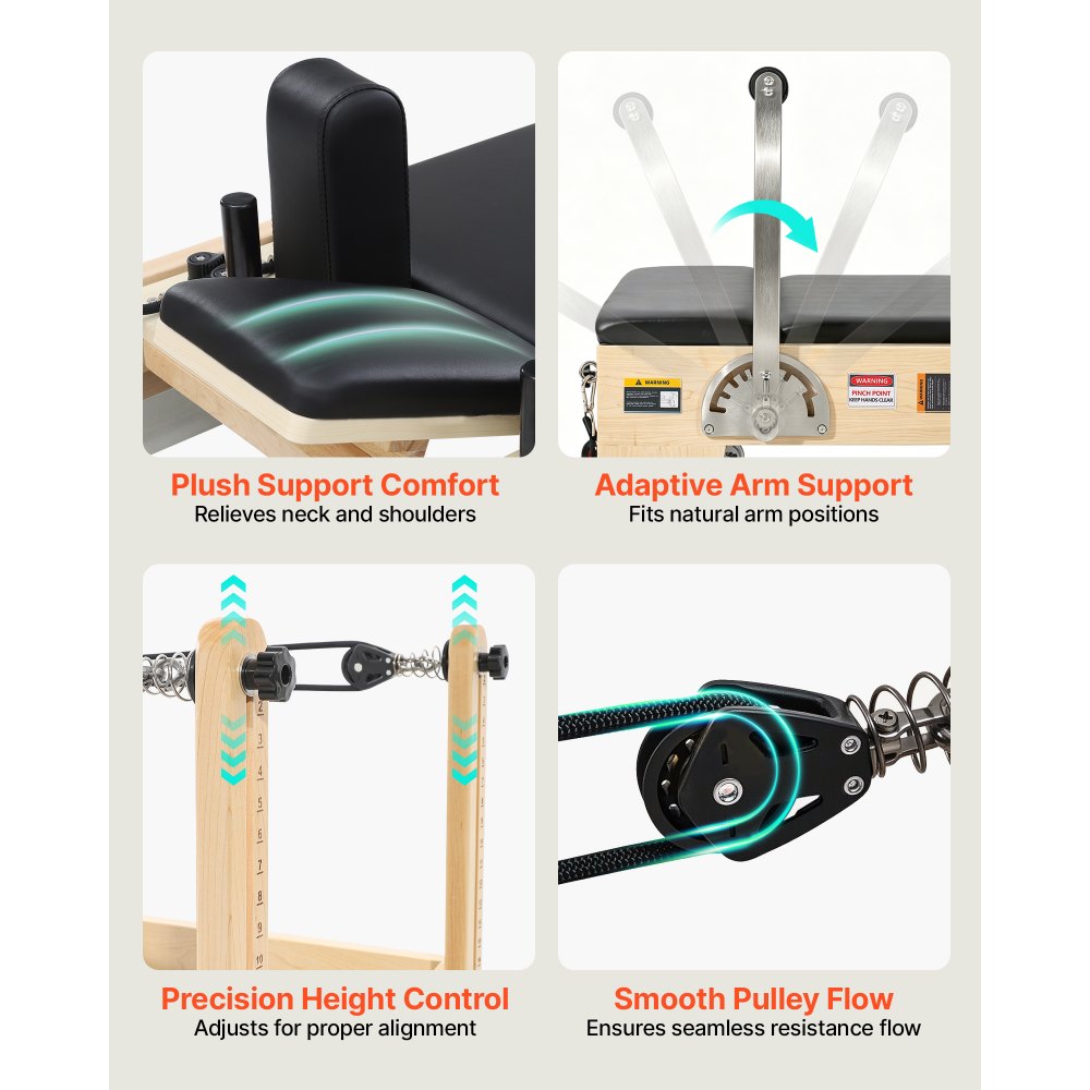 VEVOR Reformer de Pilates de Madera Máquina de Pilates para Gimnasio en Casa Equipo de Pilates Doble Resistencia Resorte y Cuerda Reformador con Cajón para Sentarse Hasta 181,4 kg, 238x73,5x92,5 cm
